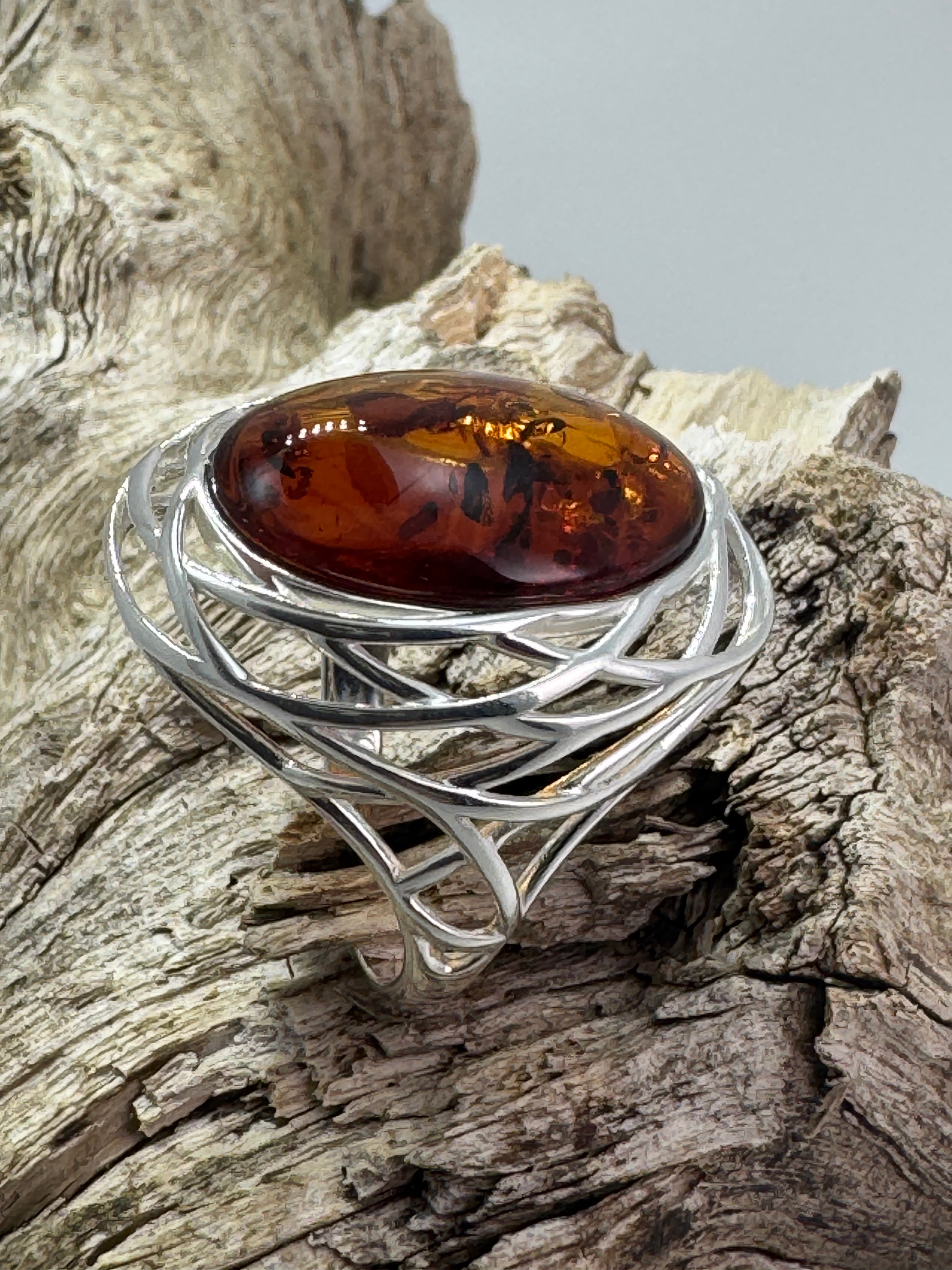 Sterling Silver Honey Cognac Baltic Amber Cabochon Ring – Netted Silver Design, Handmade