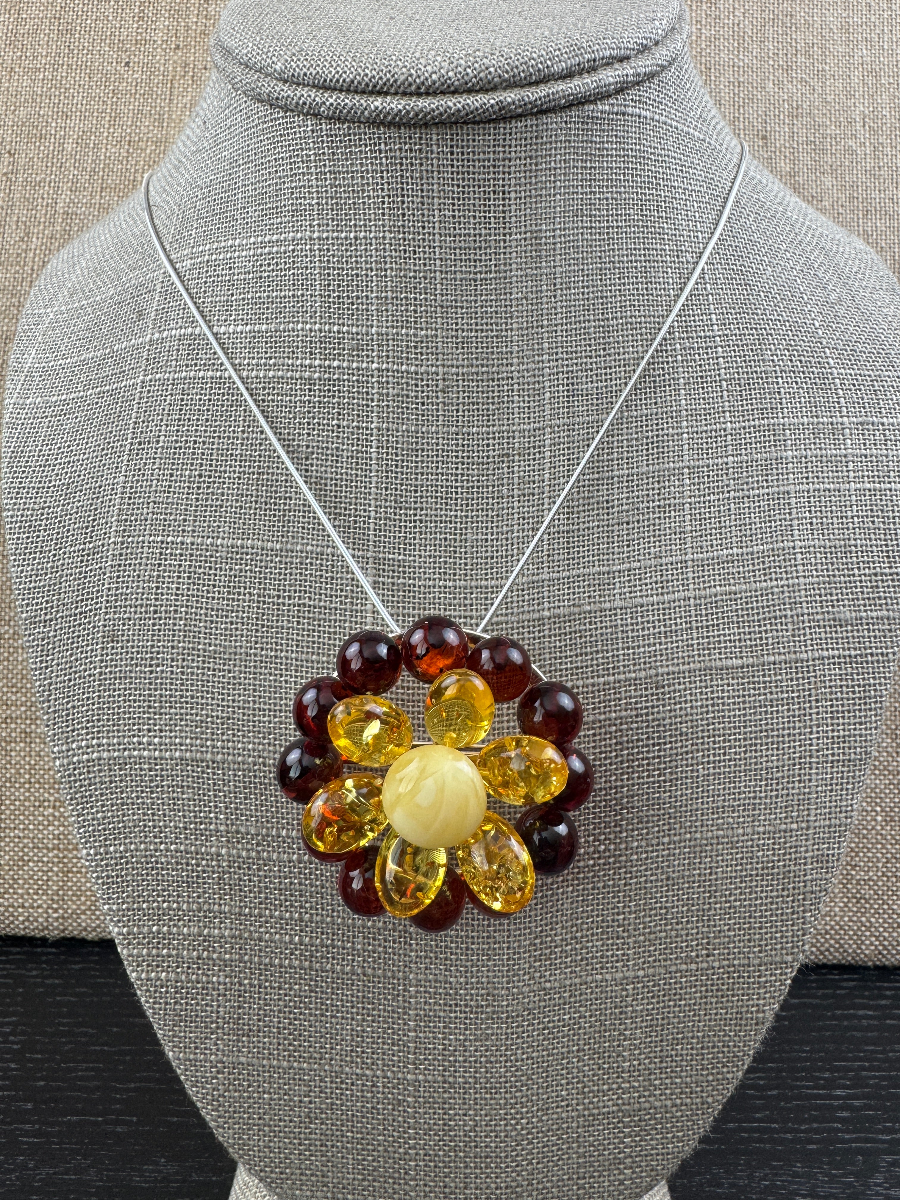 One-of-a-Kind Baltic Amber Beaded Pendant & Brooch – Multi-Tone Beauty - Shipped on Silver Chain