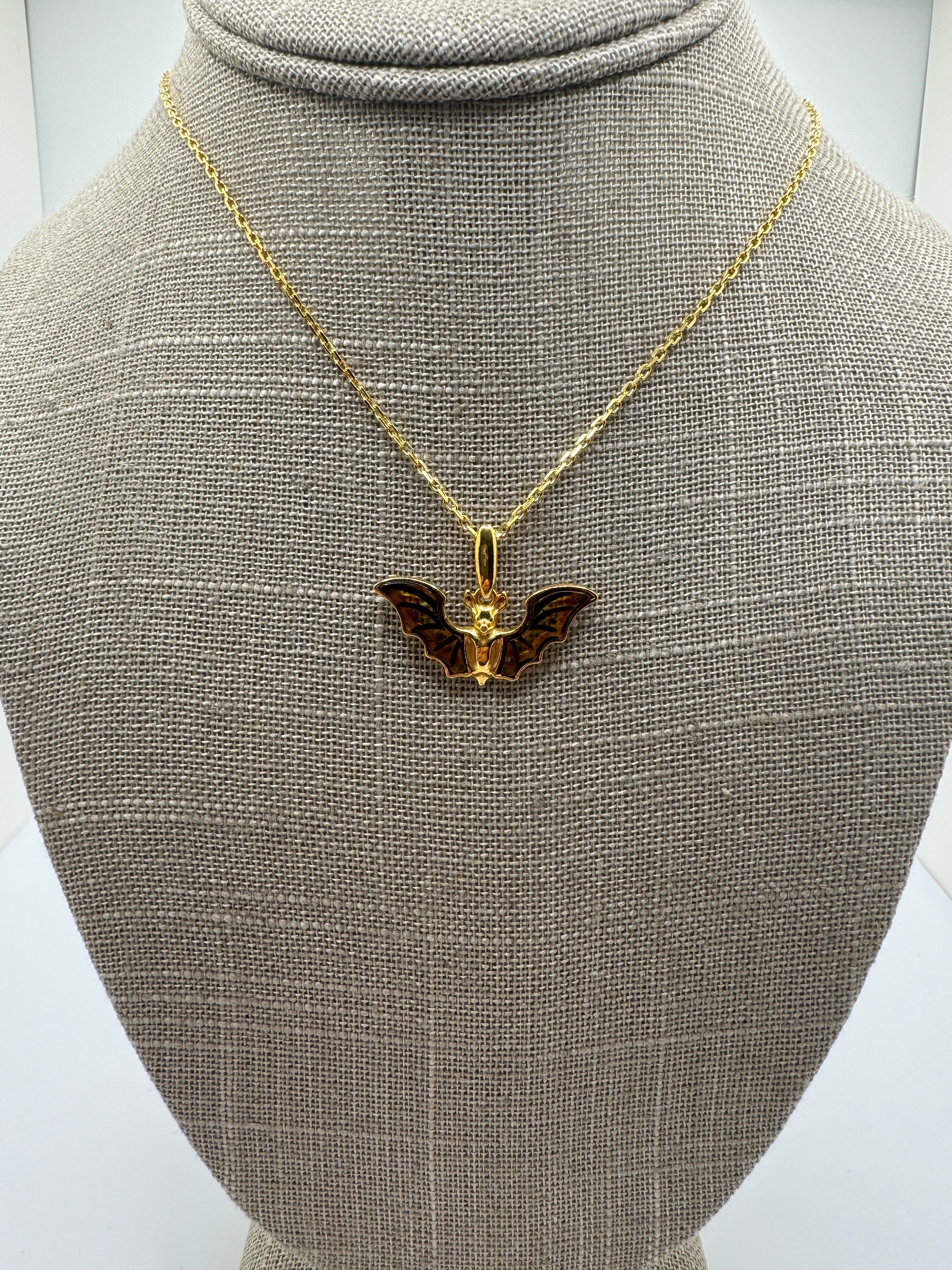 Gold Plated Sterling Silver Baltic Amber Bat Pendant Necklace | Handmade in Poland | Cognac Amber Wings Etched Detail