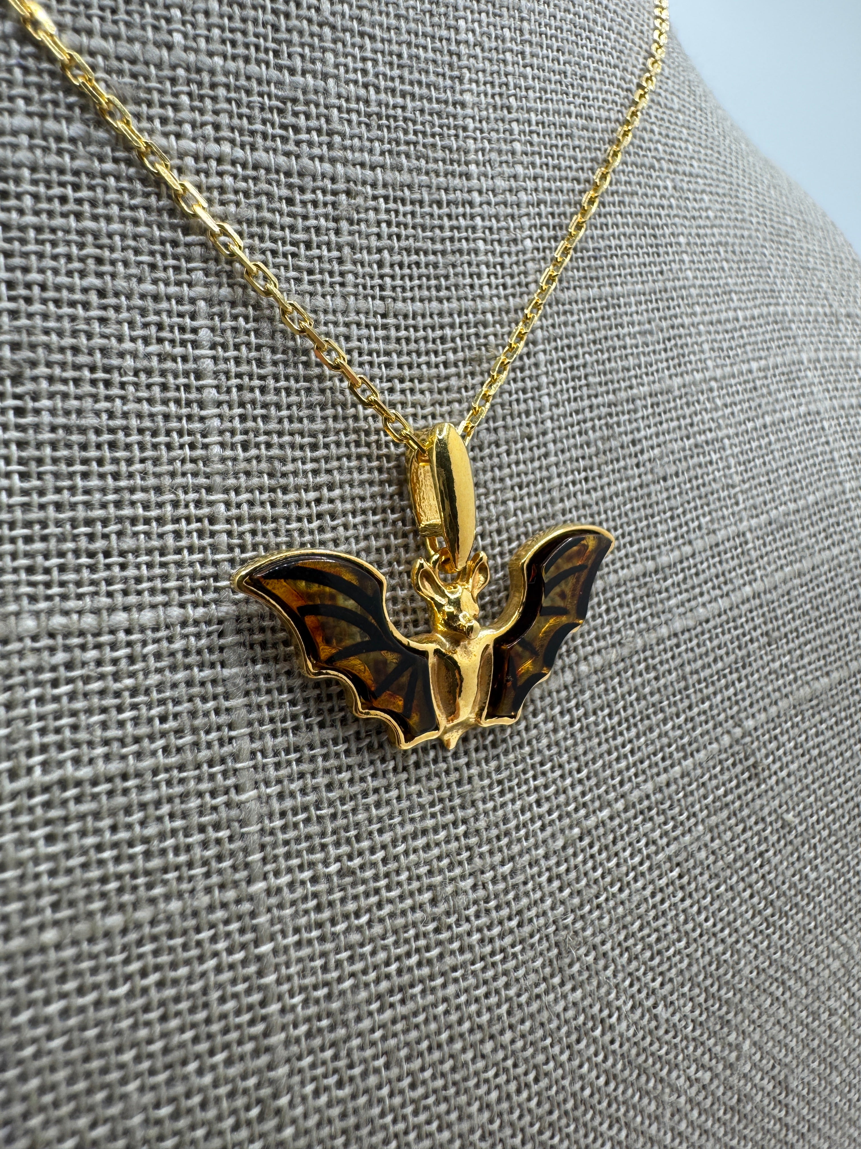 Gold Plated Sterling Silver Baltic Amber Bat Pendant Necklace | Handmade in Poland | Cognac Amber Wings Etched Detail