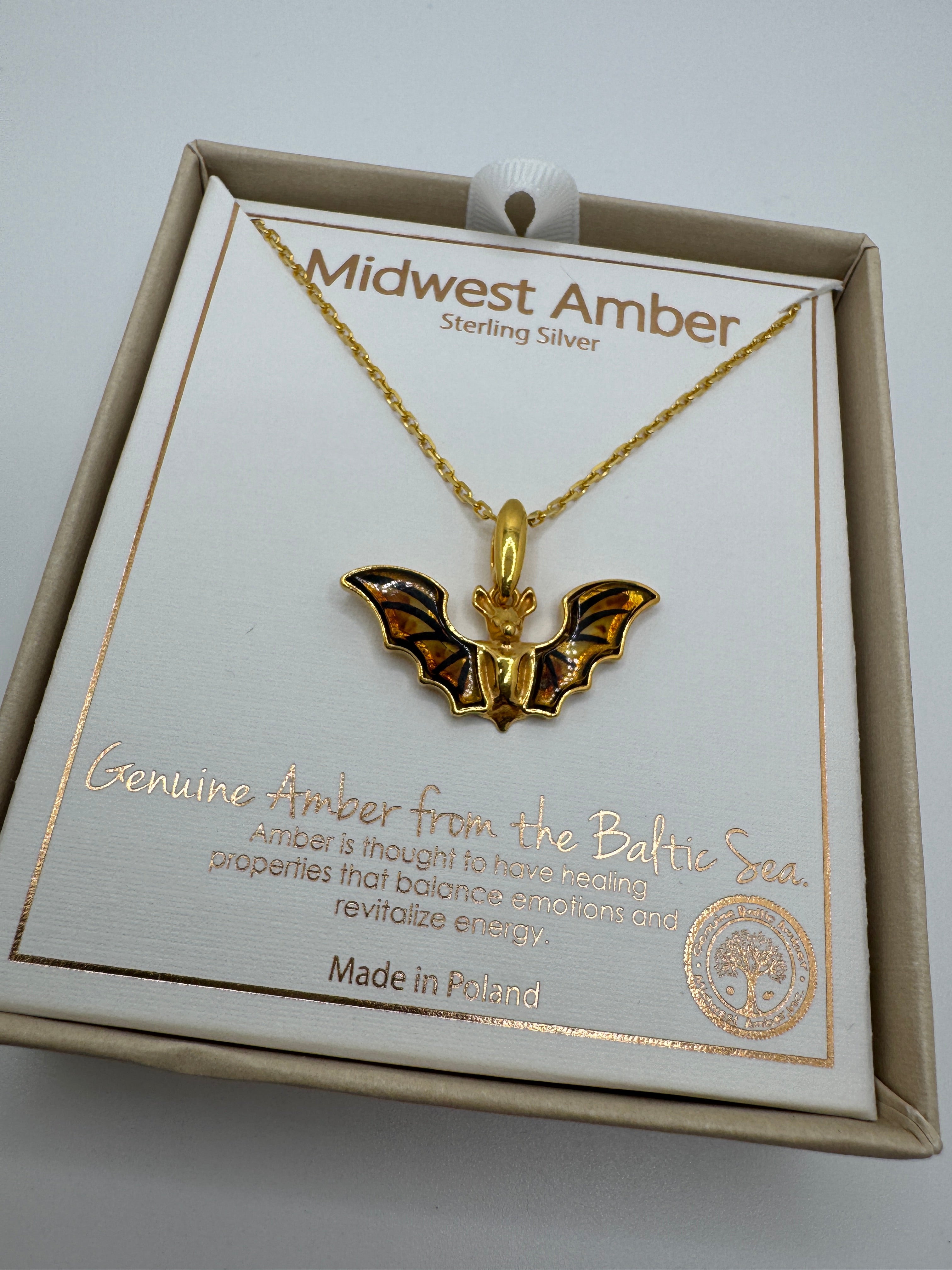 Gold Plated Sterling Silver Baltic Amber Bat Pendant Necklace | Handmade in Poland | Cognac Amber Wings Etched Detail
