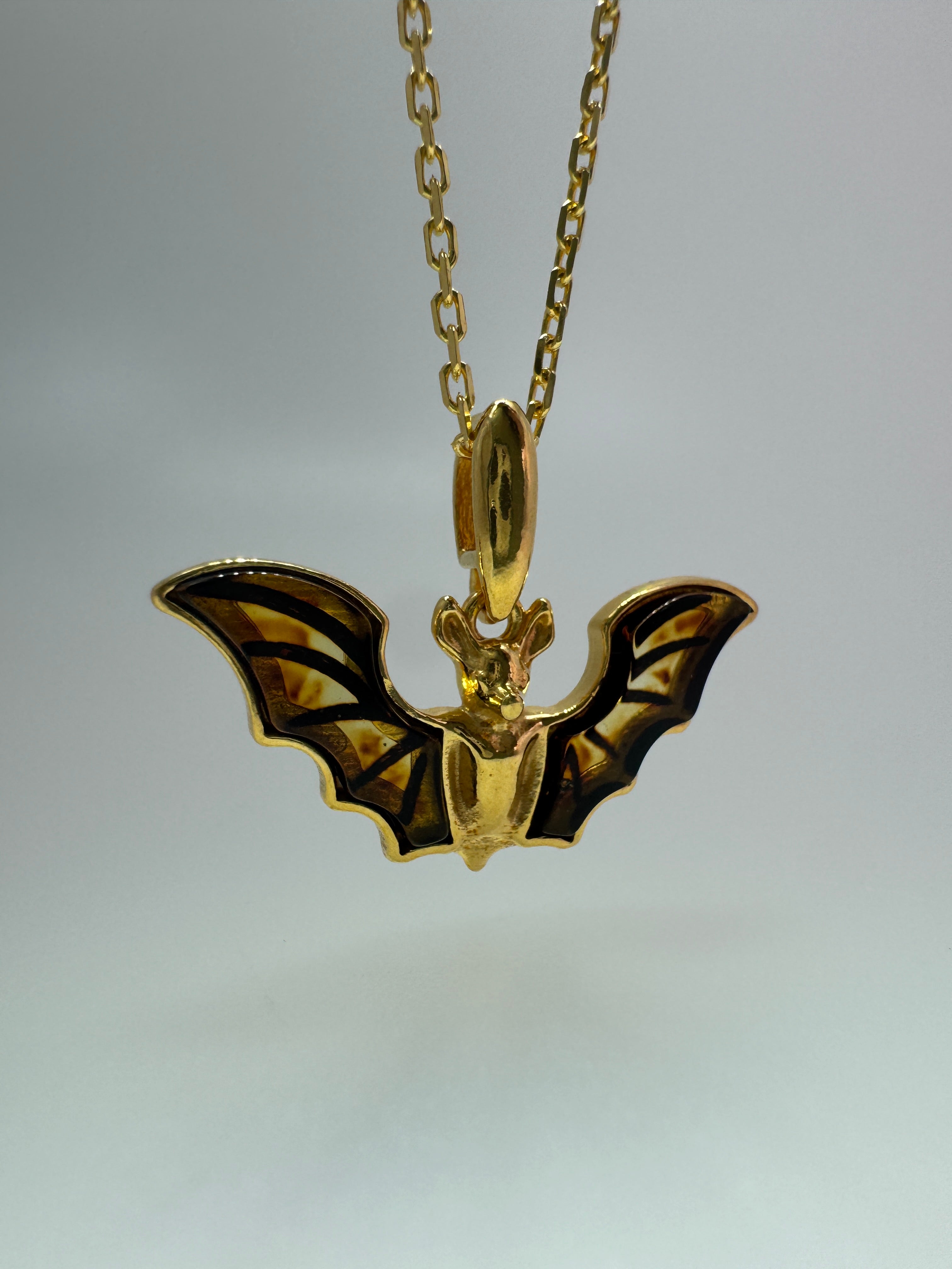 Gold Plated Sterling Silver Baltic Amber Bat Pendant Necklace | Handmade in Poland | Cognac Amber Wings Etched Detail