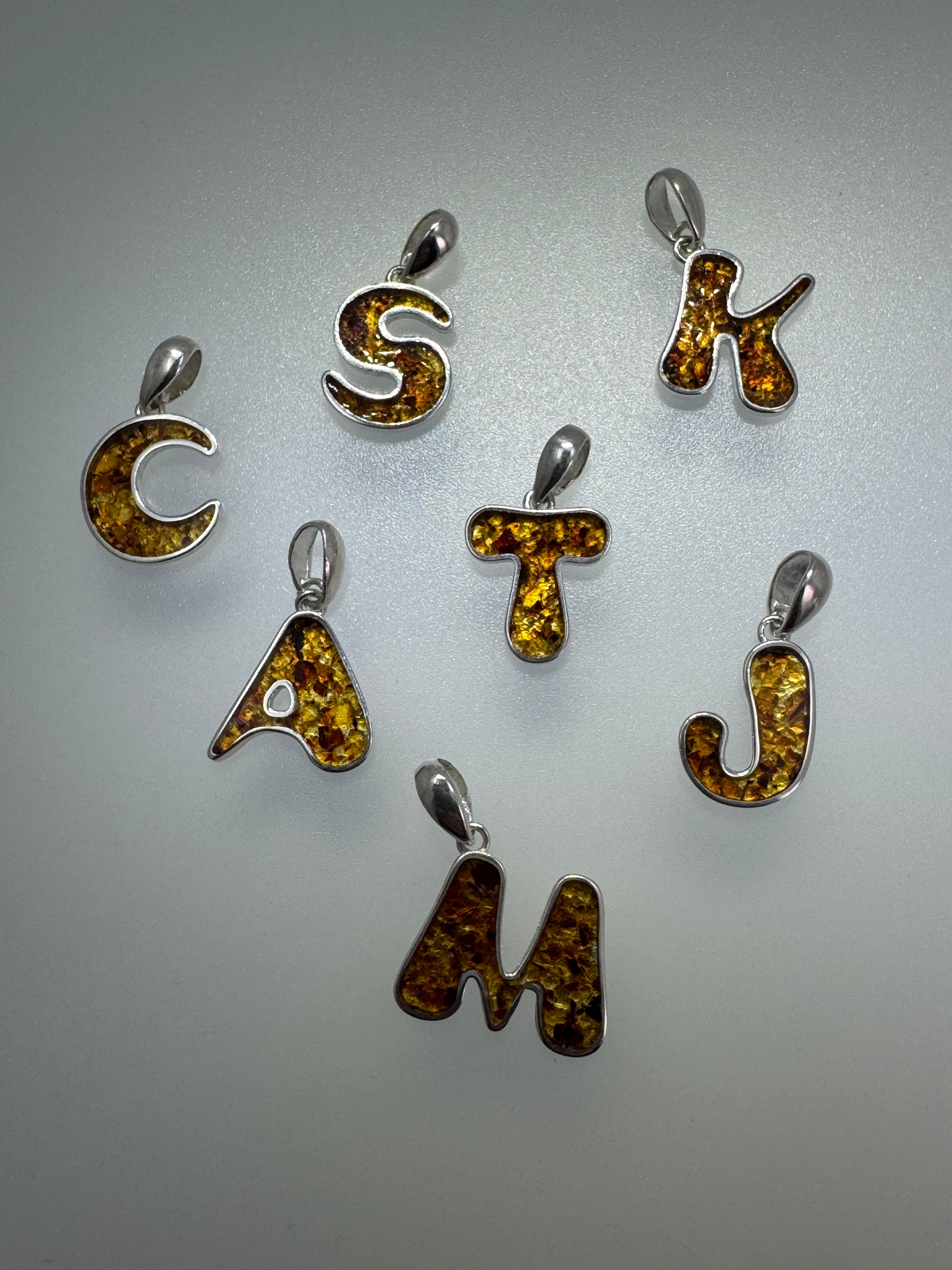 Sterling Silver & Baltic Amber Initial Pendants – Personalized Elegance