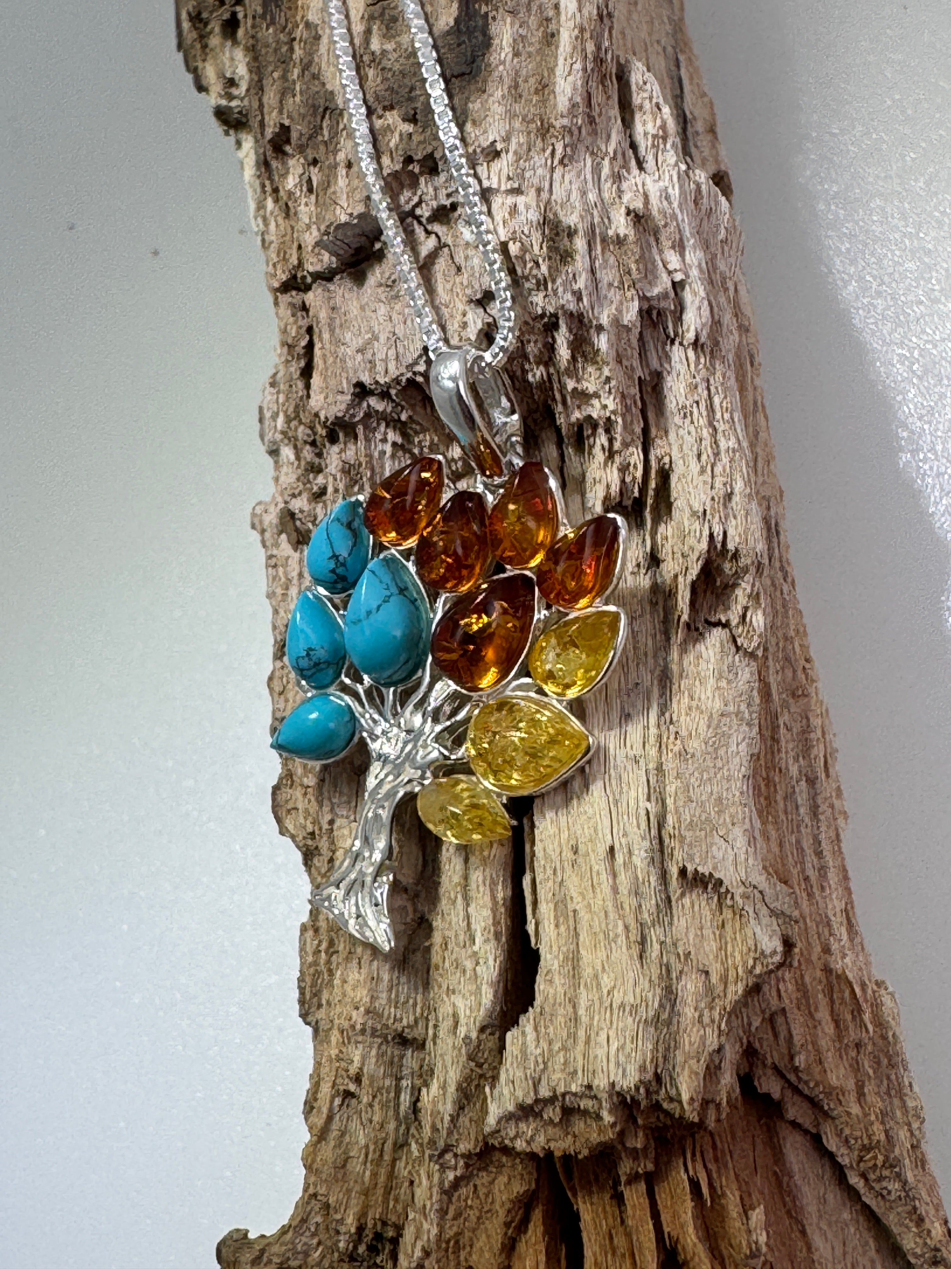 Sterling Silver Tree of Life Pendant – Lemon Amber, Cognac Amber & Turquoise Harmony - Shipped on Sterling Silver Chain