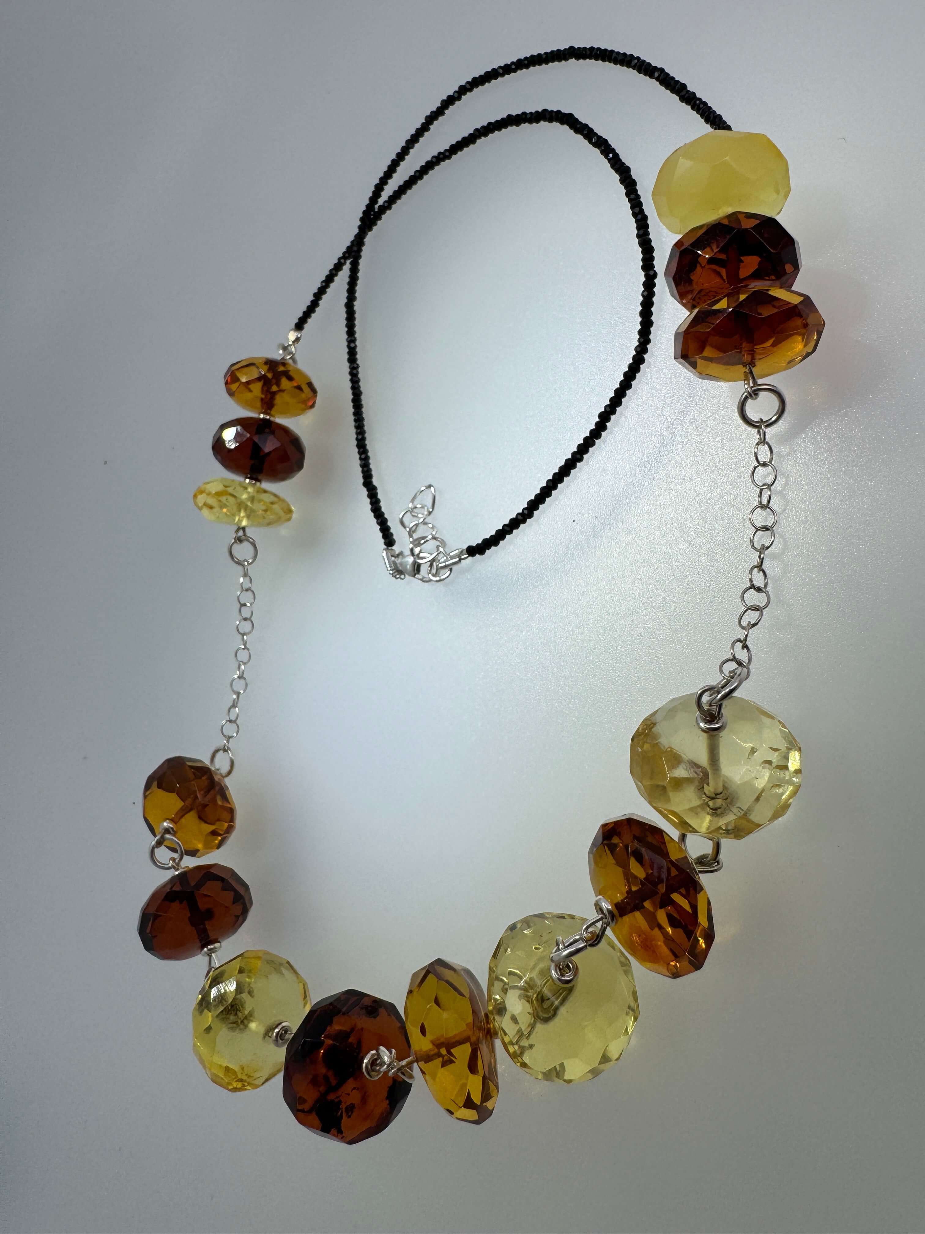 Faceted Baltic Amber & Black Onyx Necklace – Ombré Gradient Beads, 27” Luxe Artisan Design