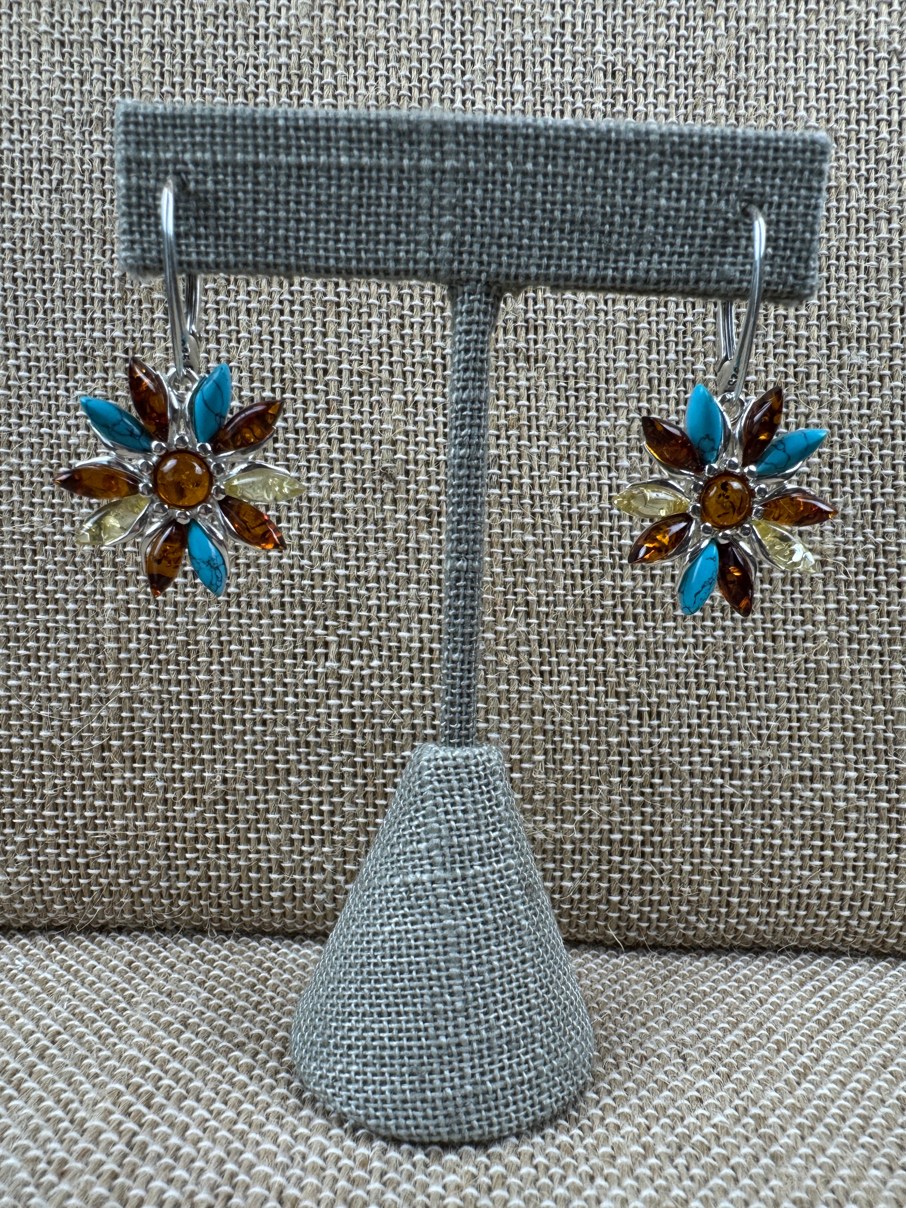 Sterling Silver Floral Dangle Earrings with Multicolor Baltic Amber and Turquoise - Leverback Closure - handmade in Poland