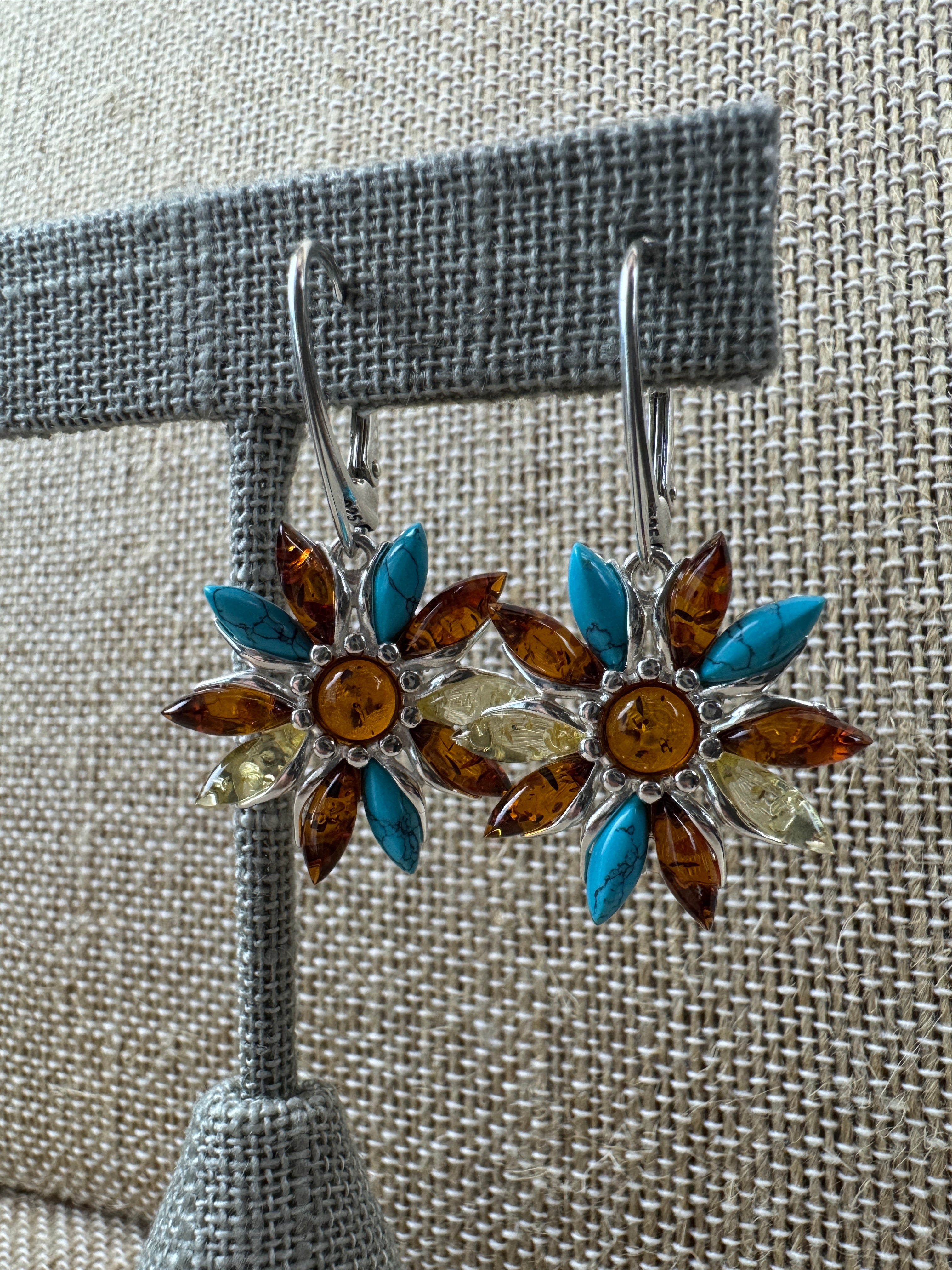 Sterling Silver Floral Dangle Earrings with Multicolor Baltic Amber and Turquoise - Leverback Closure - handmade in Poland