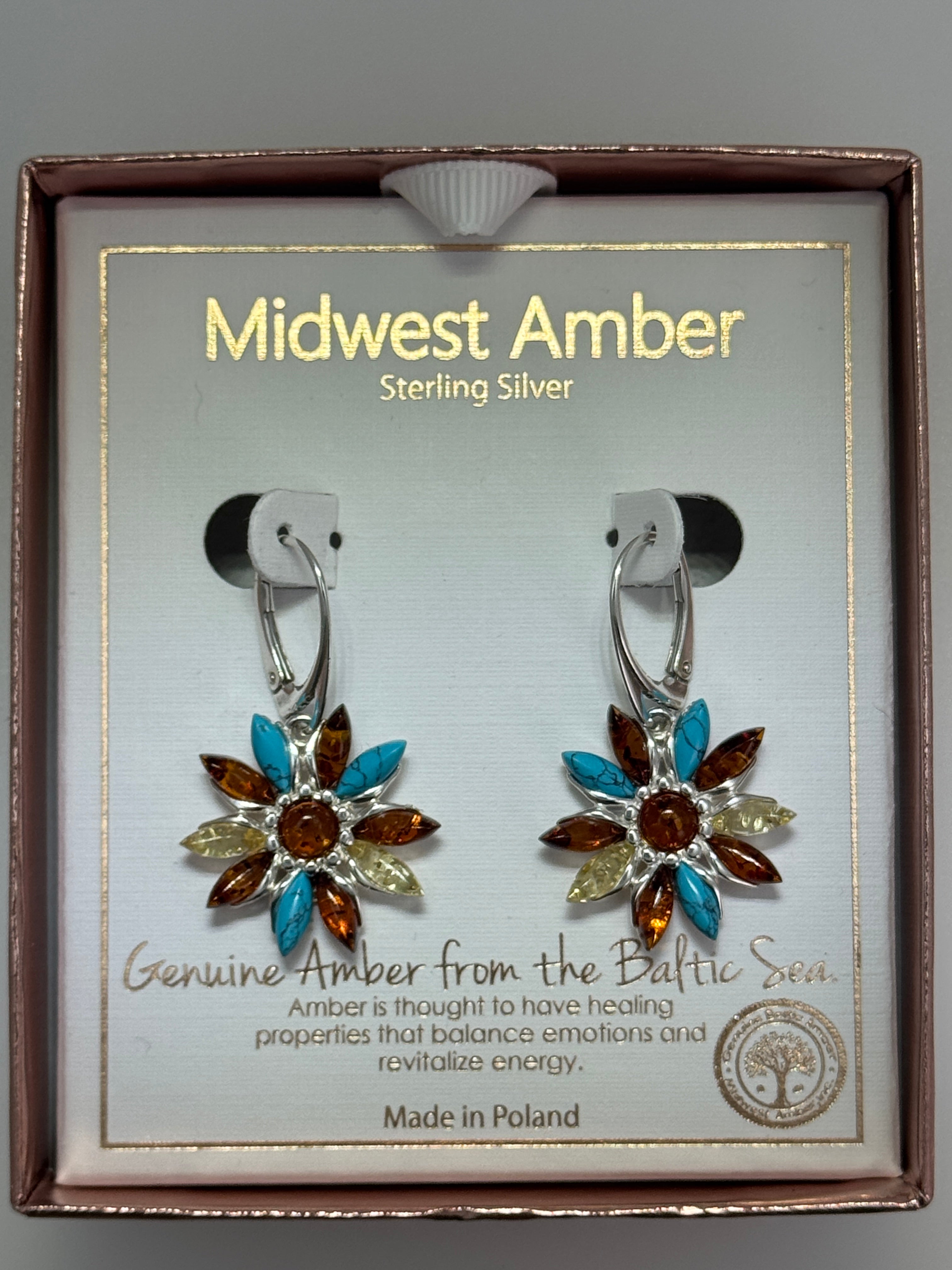 Sterling Silver Floral Dangle Earrings with Multicolor Baltic Amber and Turquoise - Leverback Closure - handmade in Poland