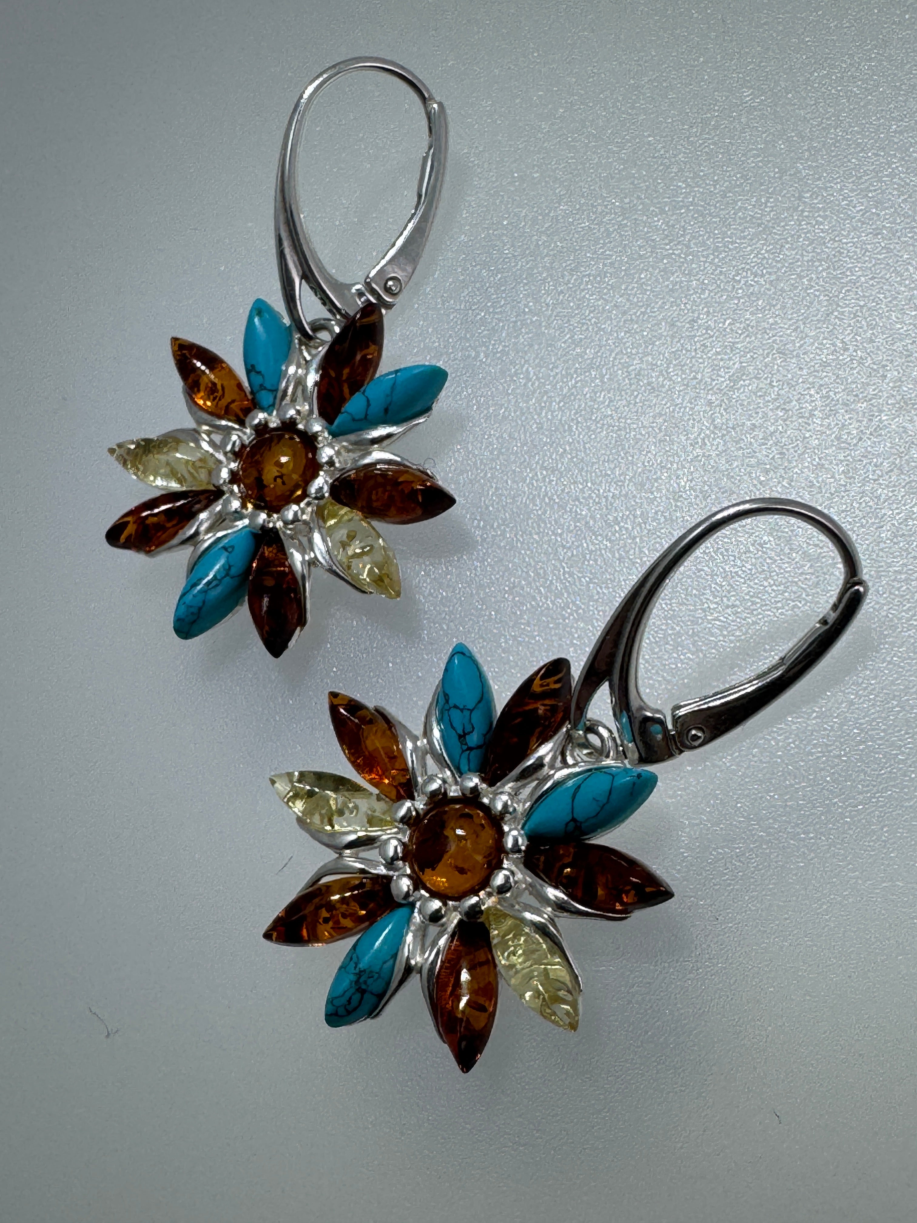 Sterling Silver Floral Dangle Earrings with Multicolor Baltic Amber and Turquoise - Leverback Closure - handmade in Poland
