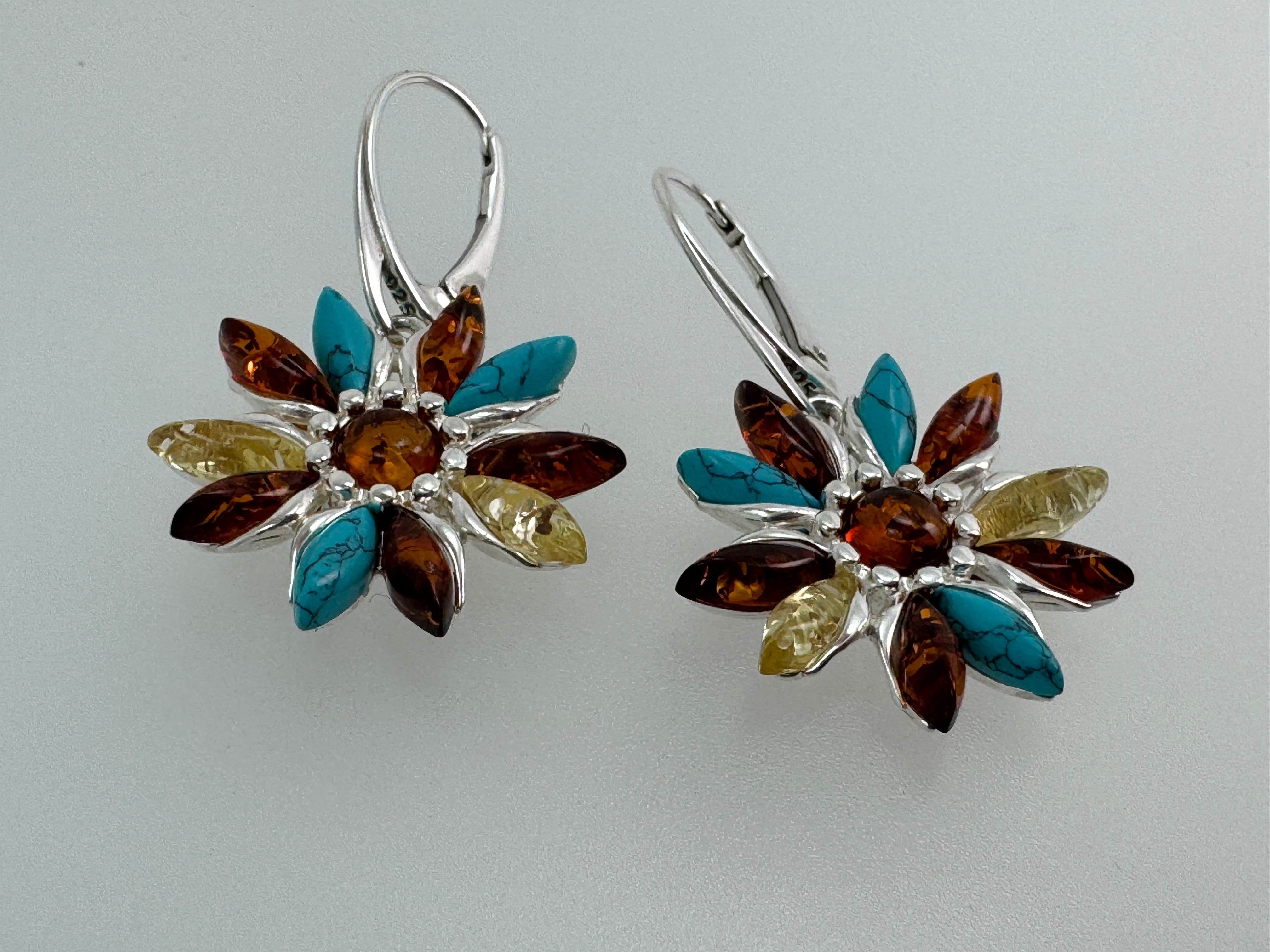 Sterling Silver Floral Dangle Earrings with Multicolor Baltic Amber and Turquoise - Leverback Closure - handmade in Poland