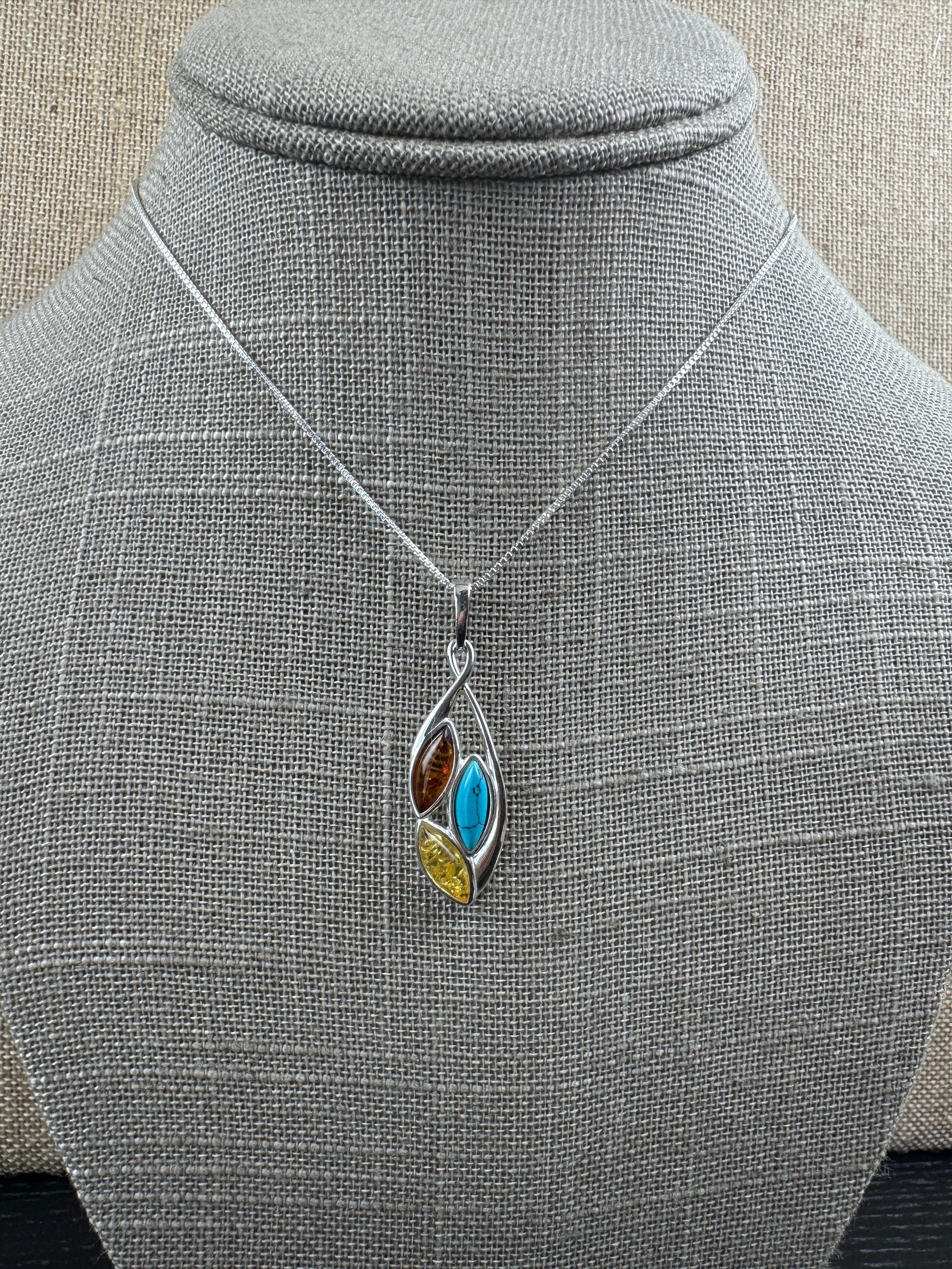 Multicolor Baltic Amber & Turquoise Pendant – Earthy Elegance in Sterling Silver