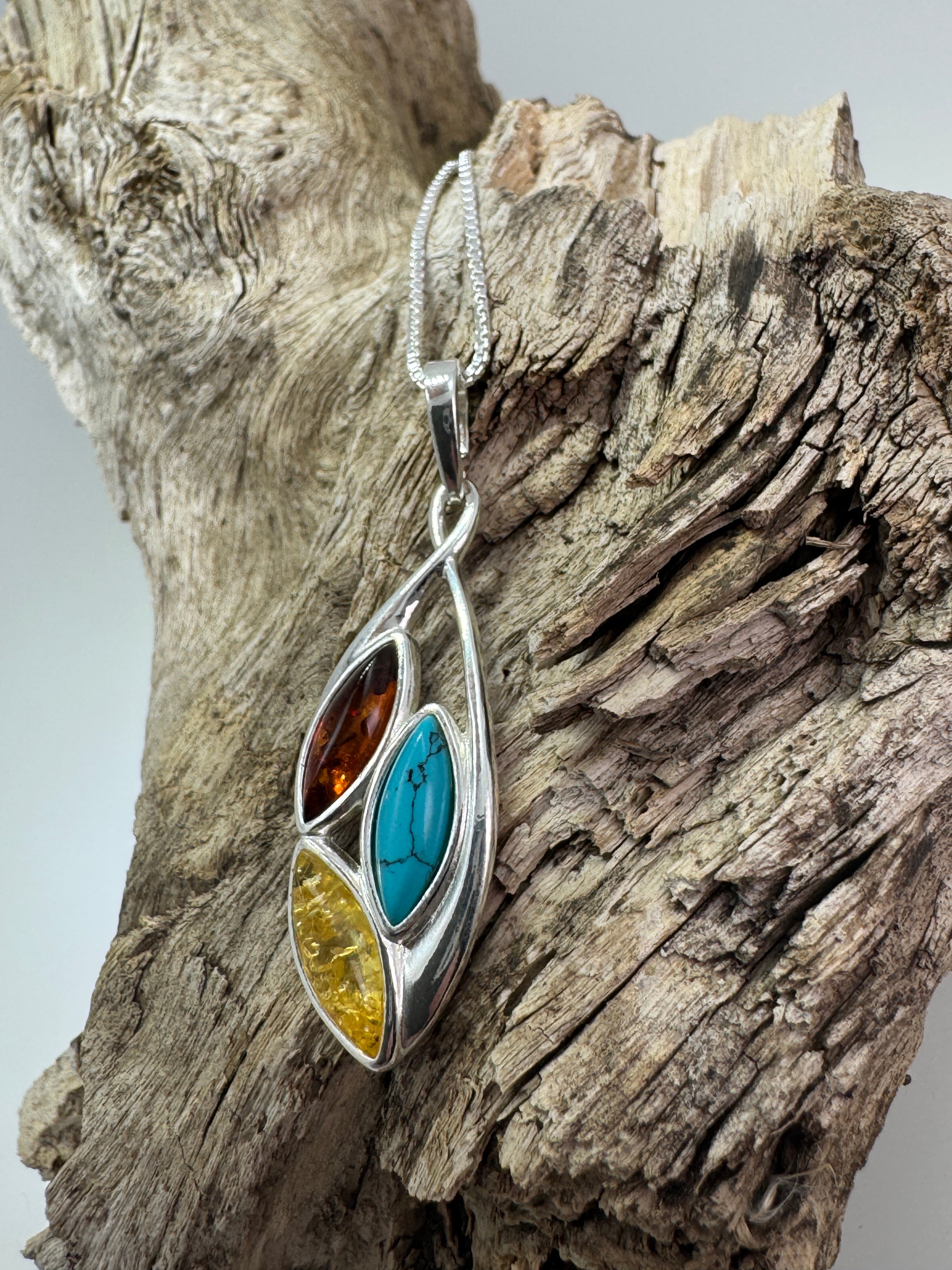 Multicolor Baltic Amber & Turquoise Pendant – Earthy Elegance in Sterling Silver