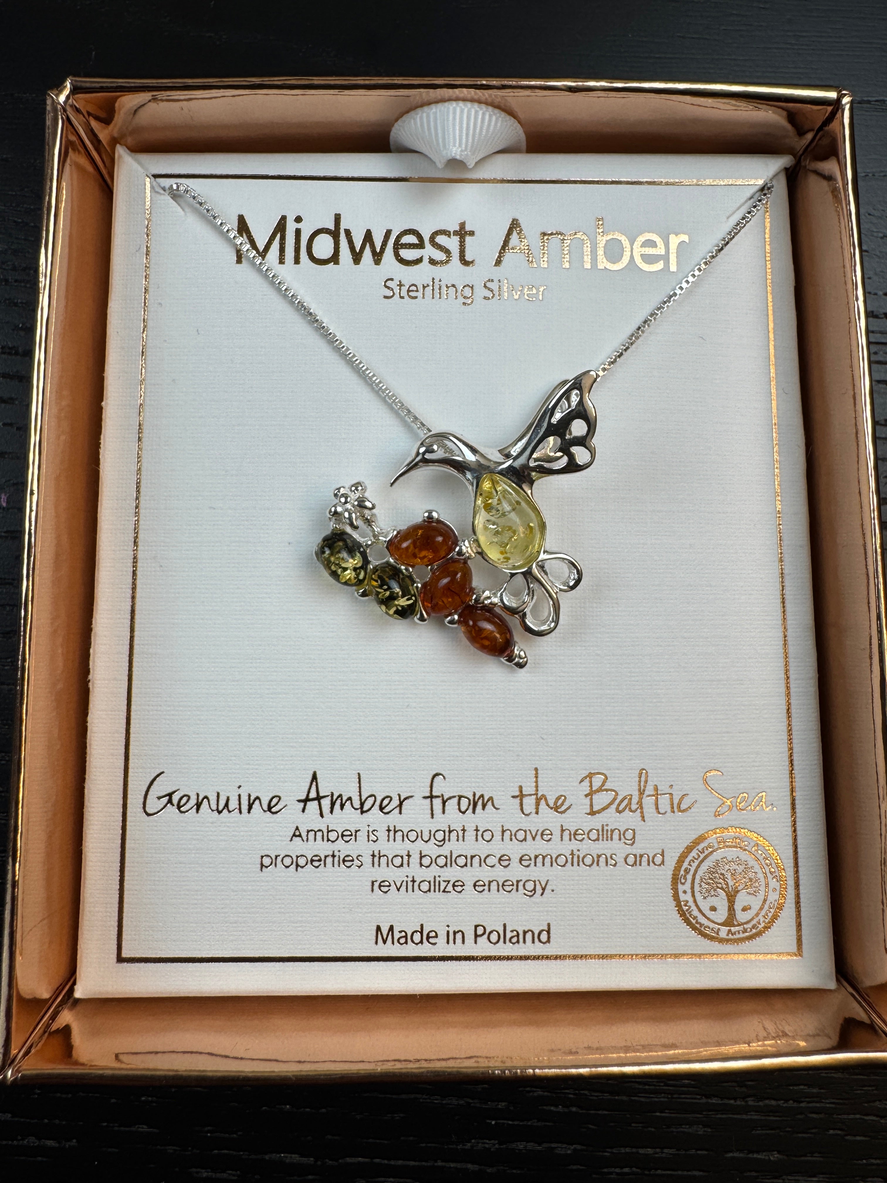 Multicolor Baltic Amber Hummingbird Pendant – Sterling Silver Elegance