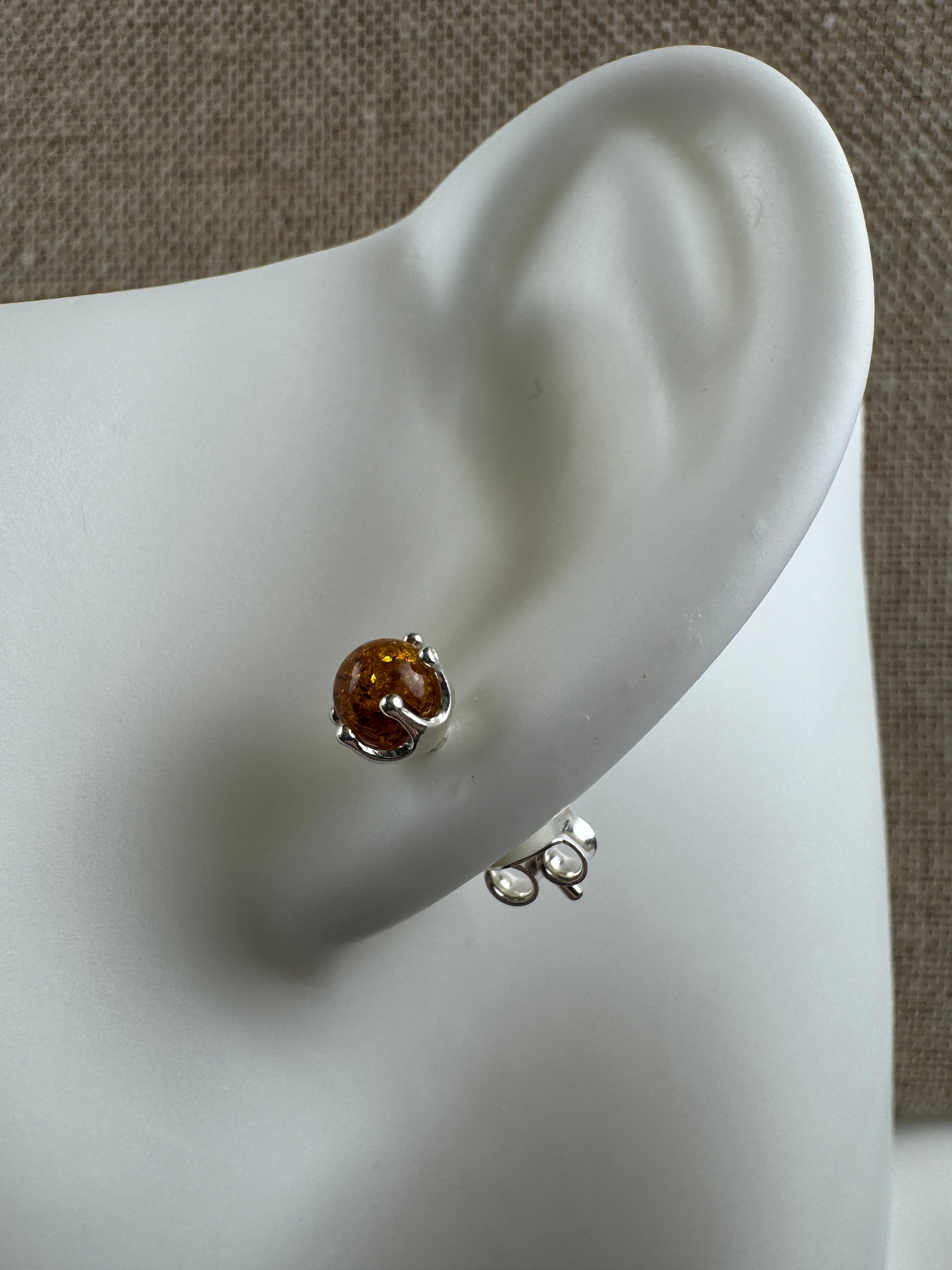 Simple, Classic Cognac Baltic Amber Post Earrings – Everyday Stud Design in Sterling Silver