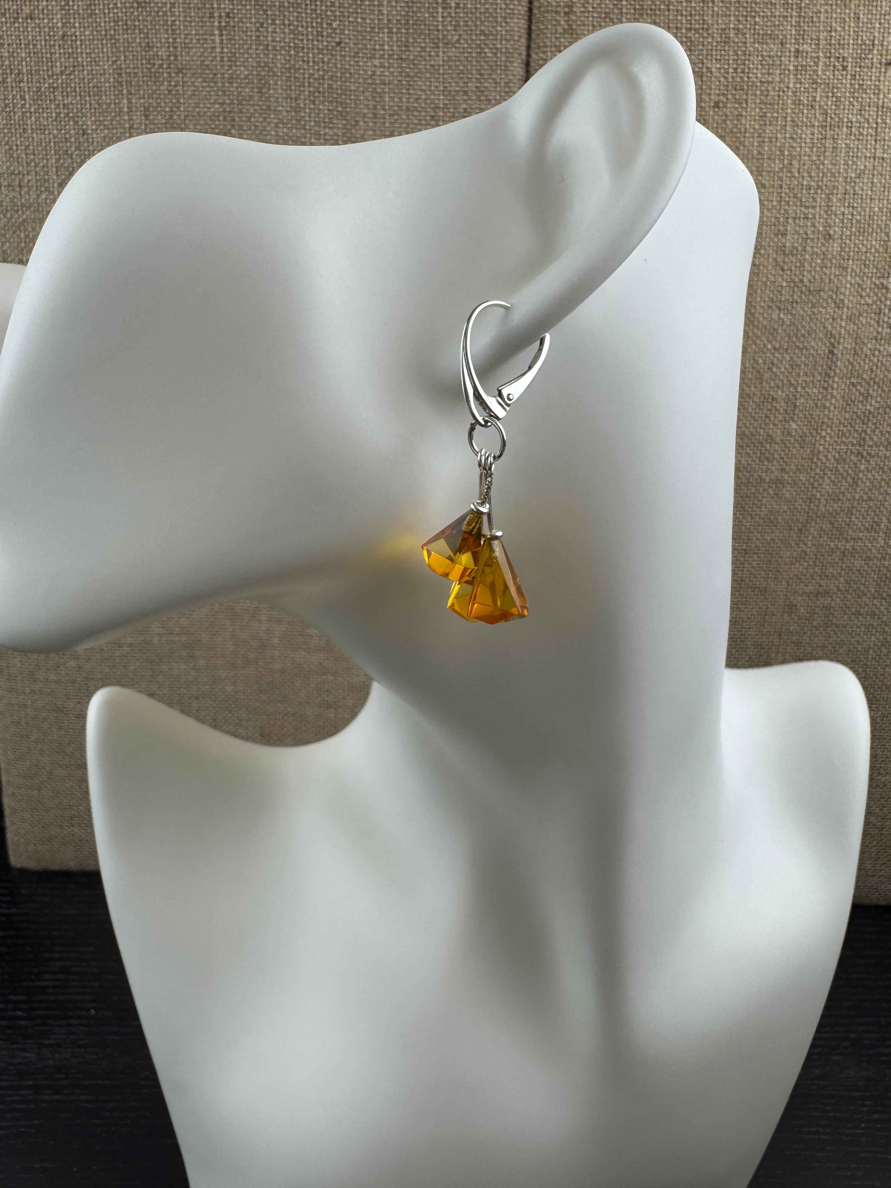 Triple Lemon Baltic Amber Dangle Leverback Earrings – Faceted Stones, Sterling Silver Lever Back - Elegant Everyday Dangle Design