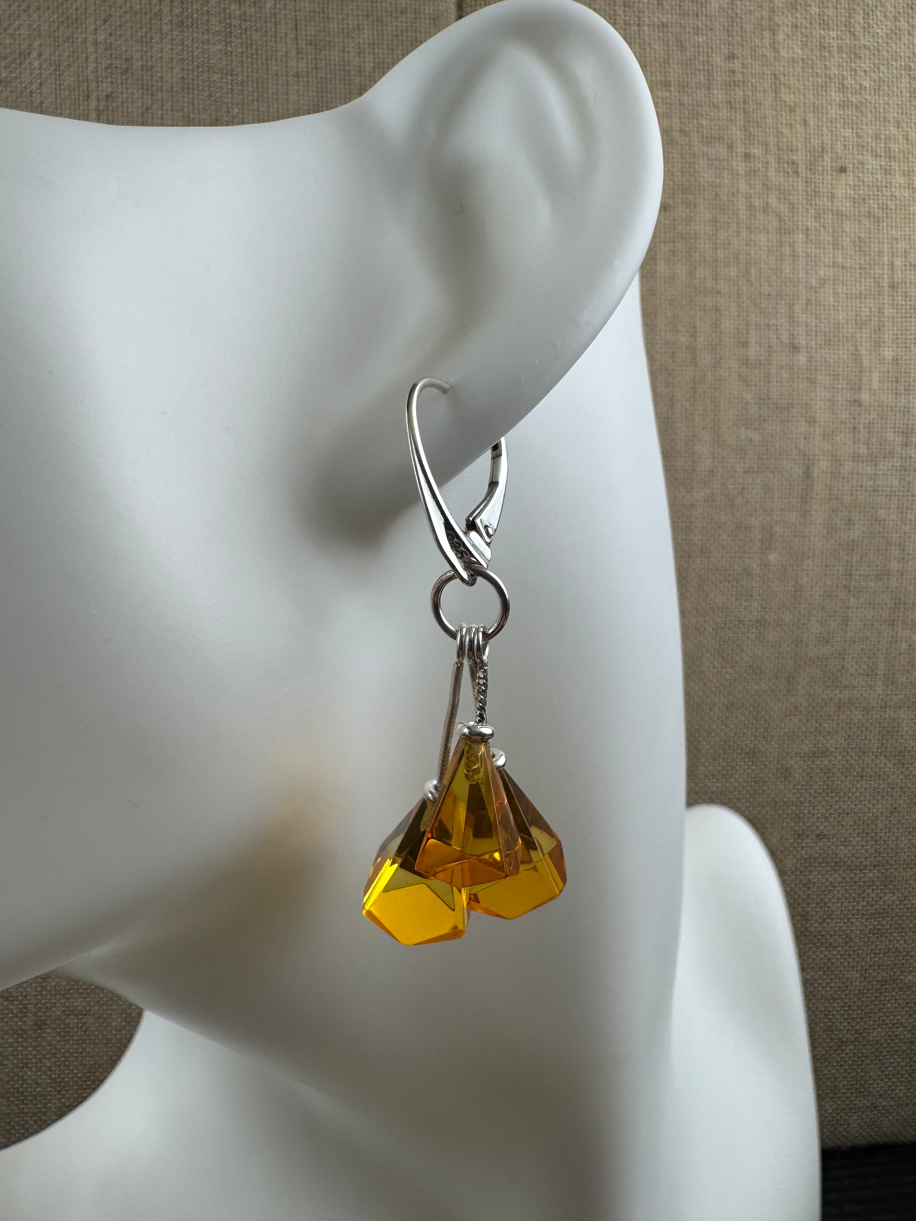 Triple Lemon Baltic Amber Dangle Leverback Earrings – Faceted Stones, Sterling Silver Lever Back - Elegant Everyday Dangle Design