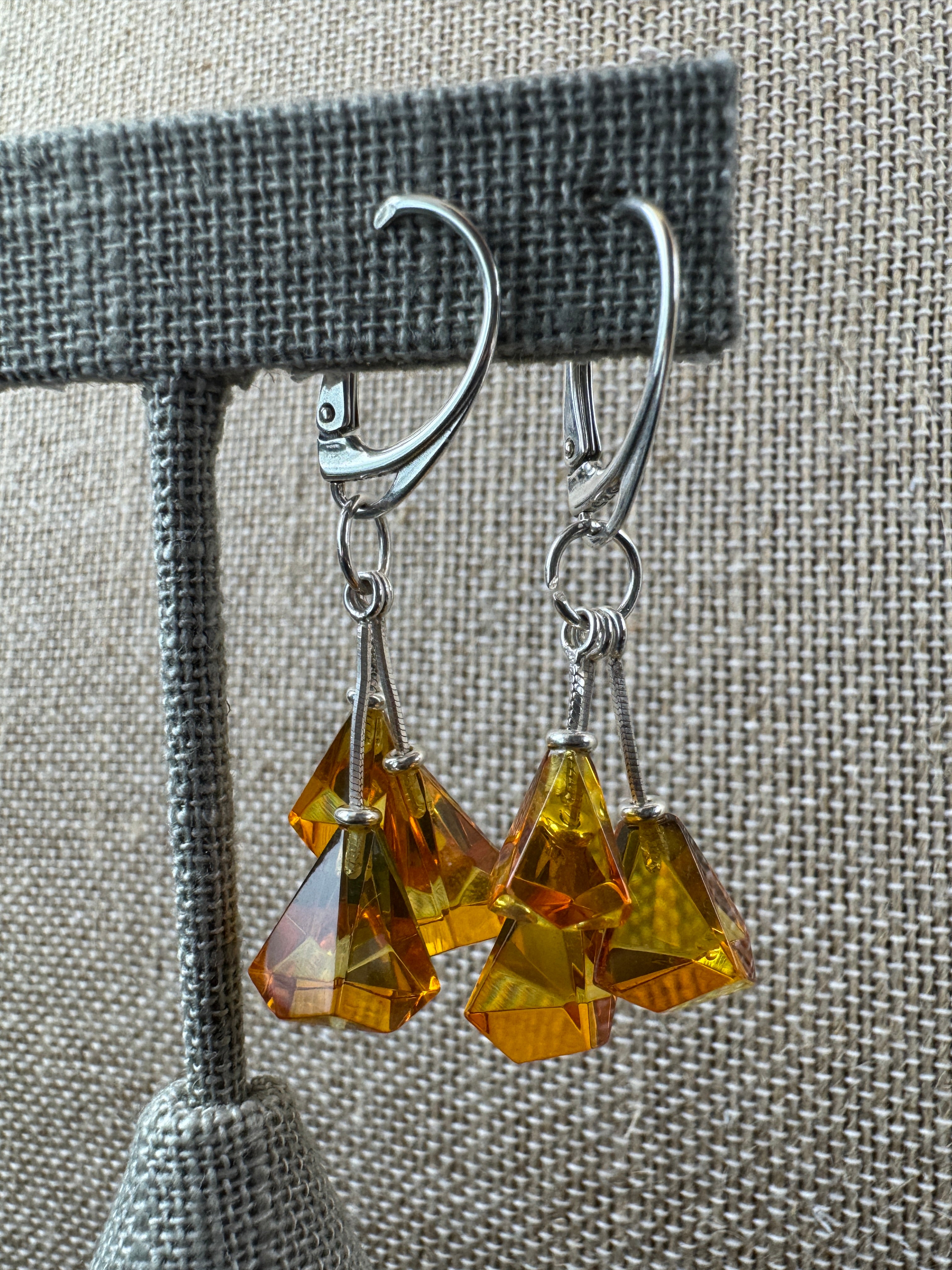 Triple Lemon Baltic Amber Dangle Leverback Earrings – Faceted Stones, Sterling Silver Lever Back - Elegant Everyday Dangle Design