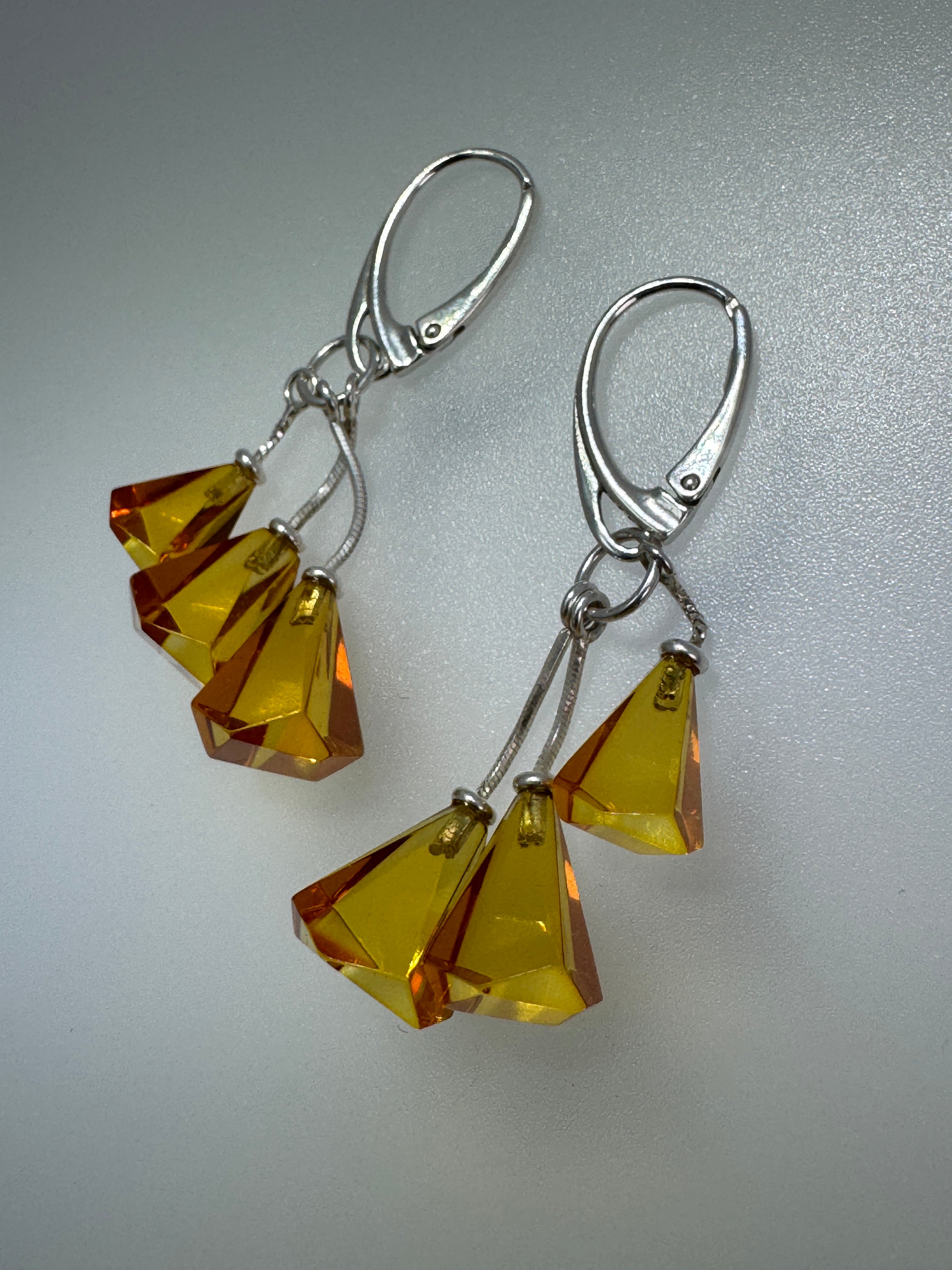 Triple Lemon Baltic Amber Dangle Leverback Earrings – Faceted Stones, Sterling Silver Lever Back - Elegant Everyday Dangle Design