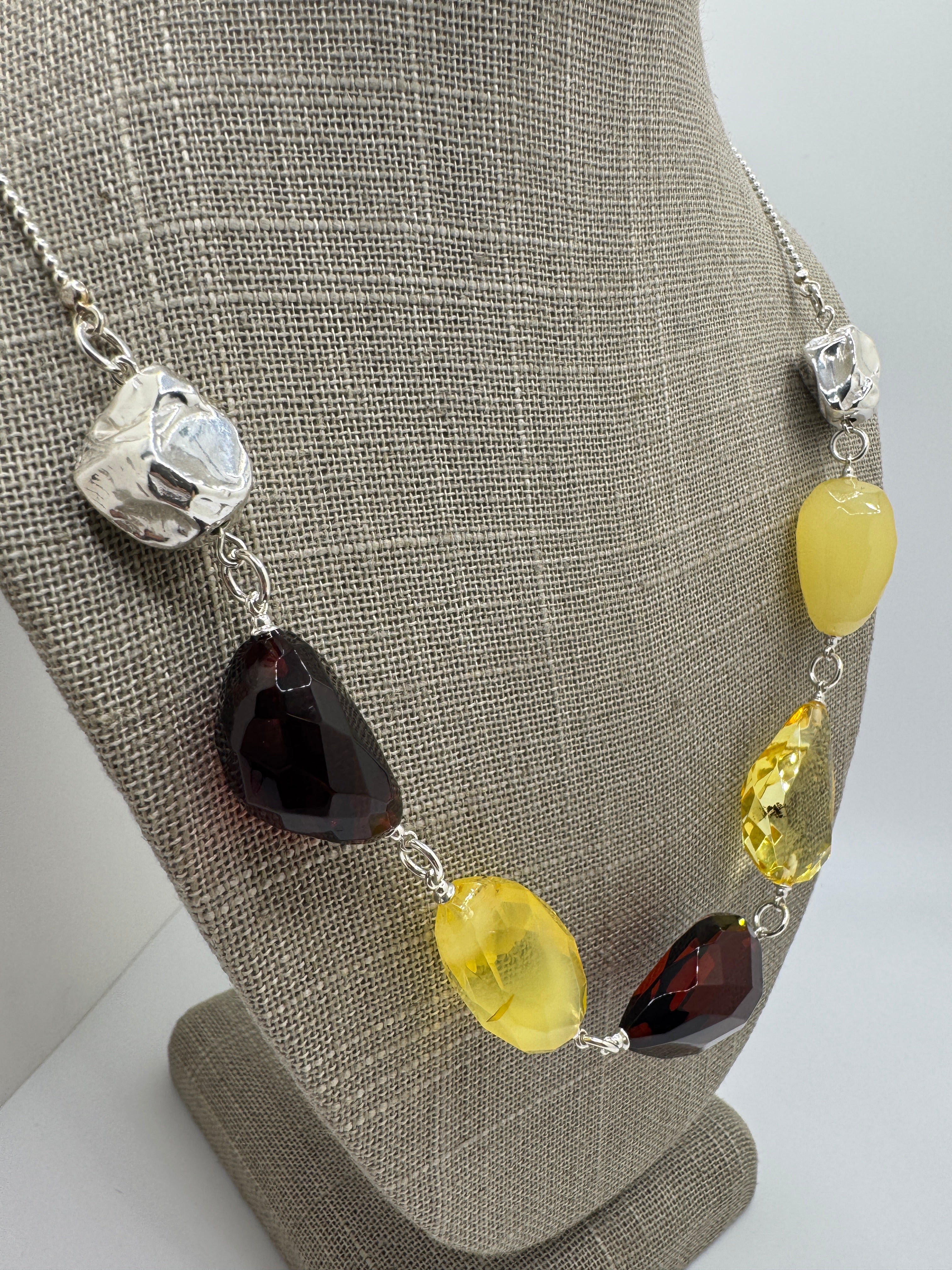 Handmade in Lithuania Sterling Silver Baltic Amber Multi-Stone Boho Necklace – Cherry, Lemon & Butterscotch Amber