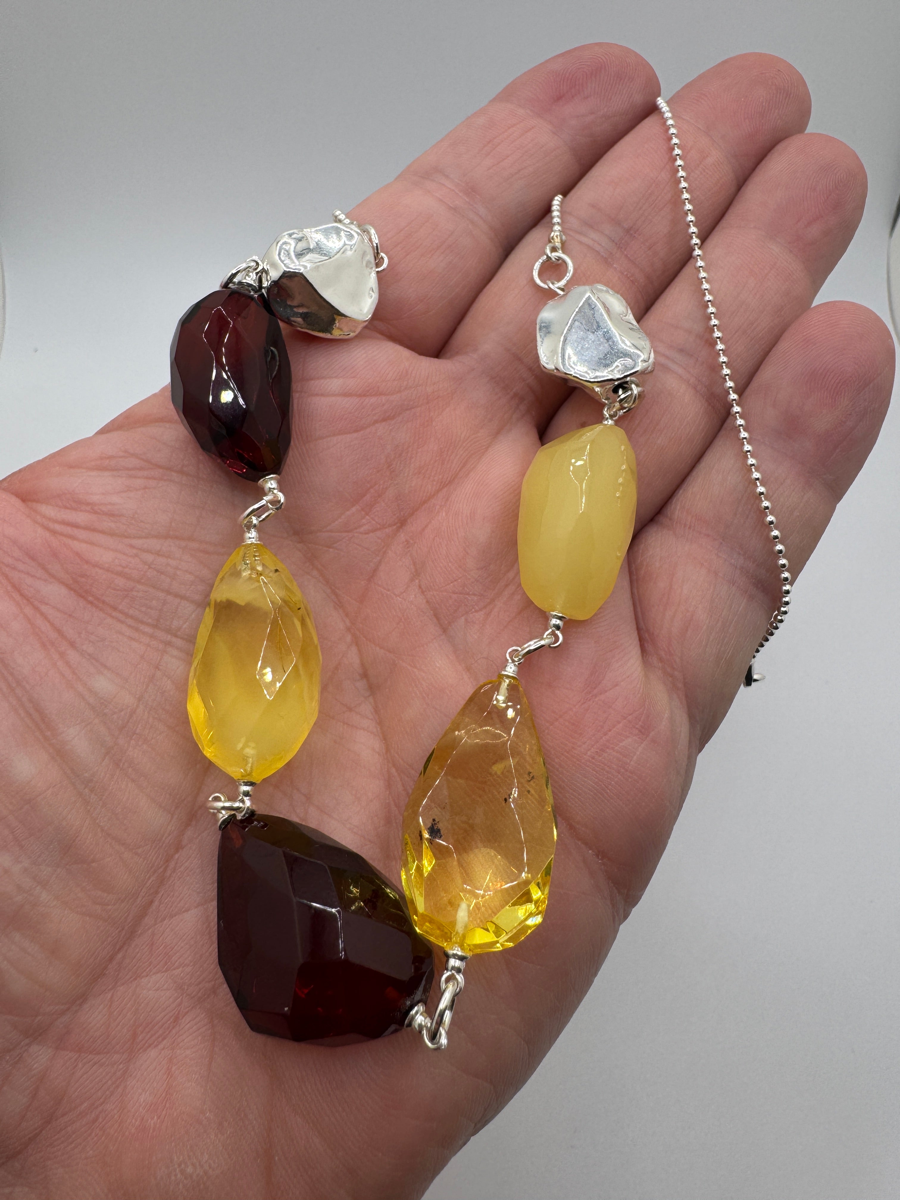 Handmade in Lithuania Sterling Silver Baltic Amber Multi-Stone Boho Necklace – Cherry, Lemon & Butterscotch Amber