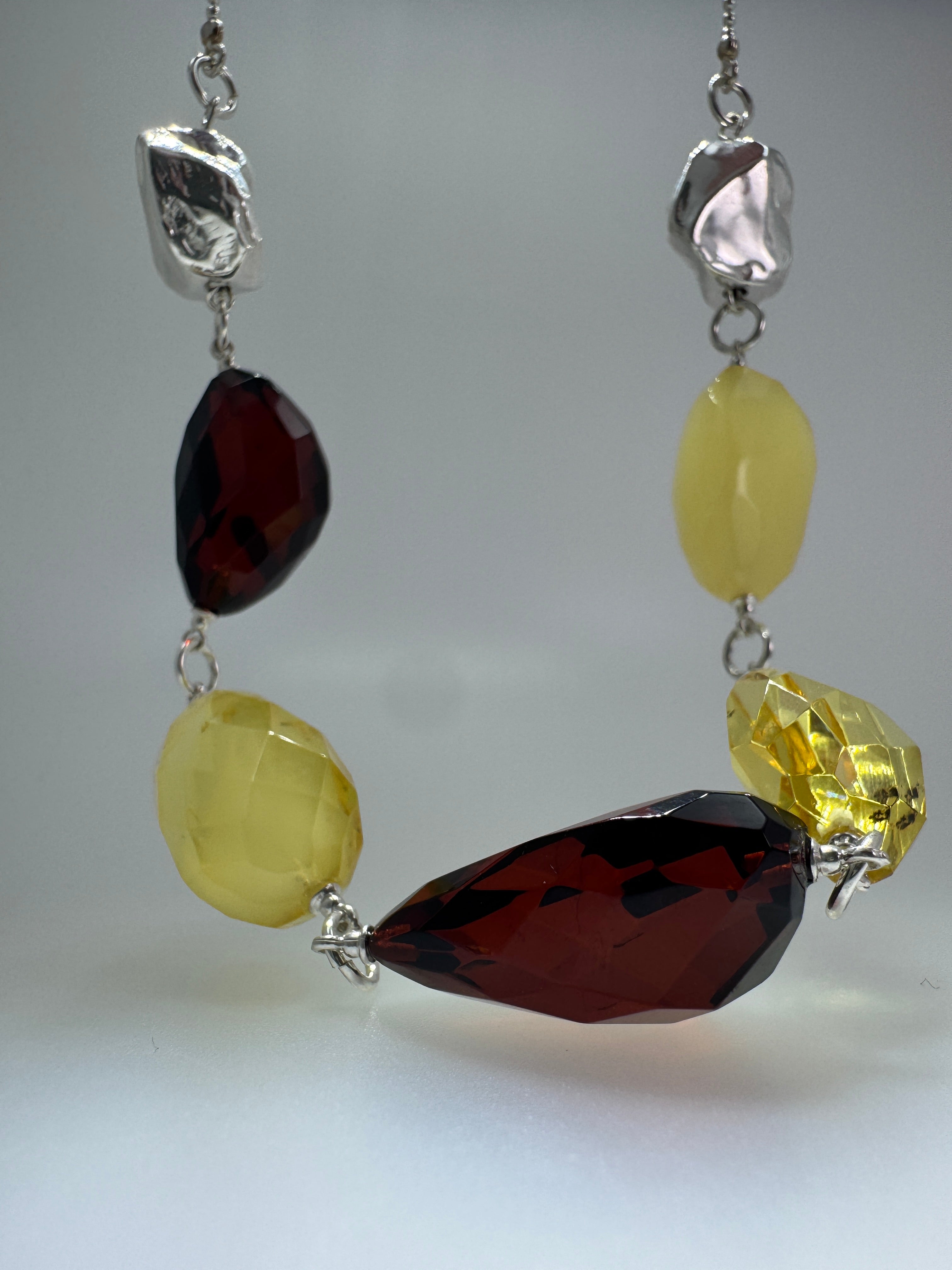 Handmade in Lithuania Sterling Silver Baltic Amber Multi-Stone Boho Necklace – Cherry, Lemon & Butterscotch Amber