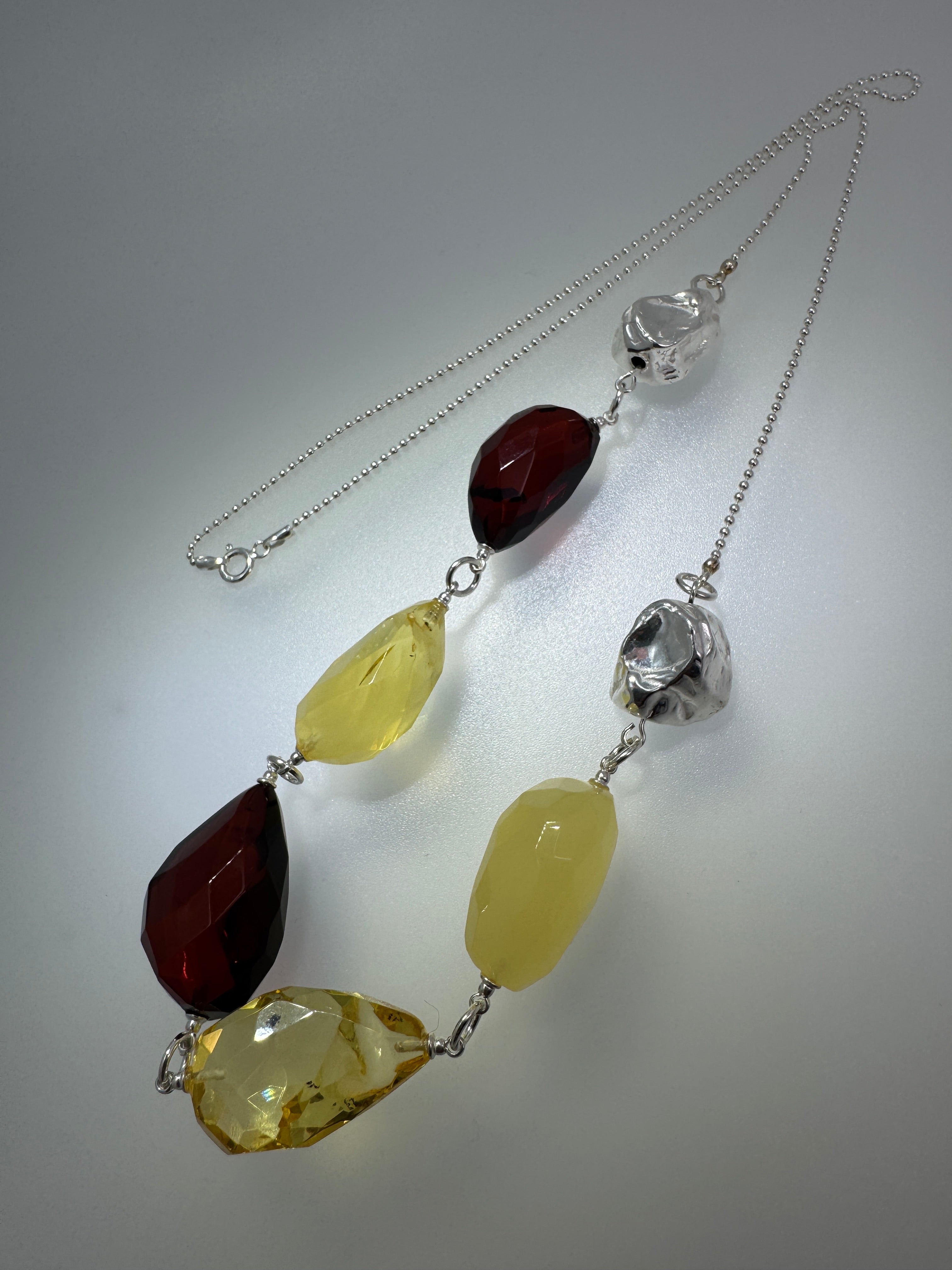Handmade in Lithuania Sterling Silver Baltic Amber Multi-Stone Boho Necklace – Cherry, Lemon & Butterscotch Amber
