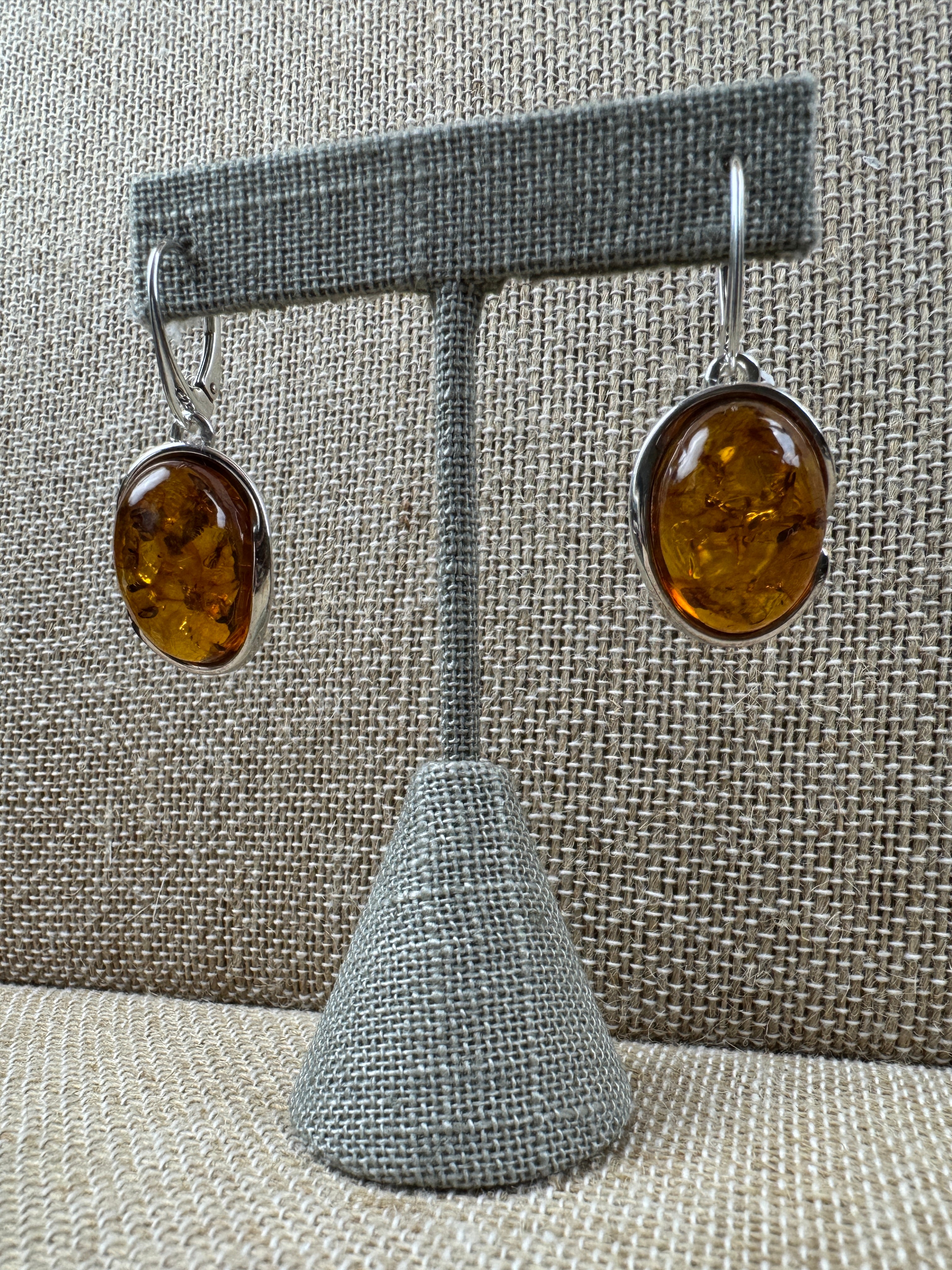 Large Genuine Baltic Amber Lever Back Earrings | Sterling Silver Cabochon Drops Handmade in Poland