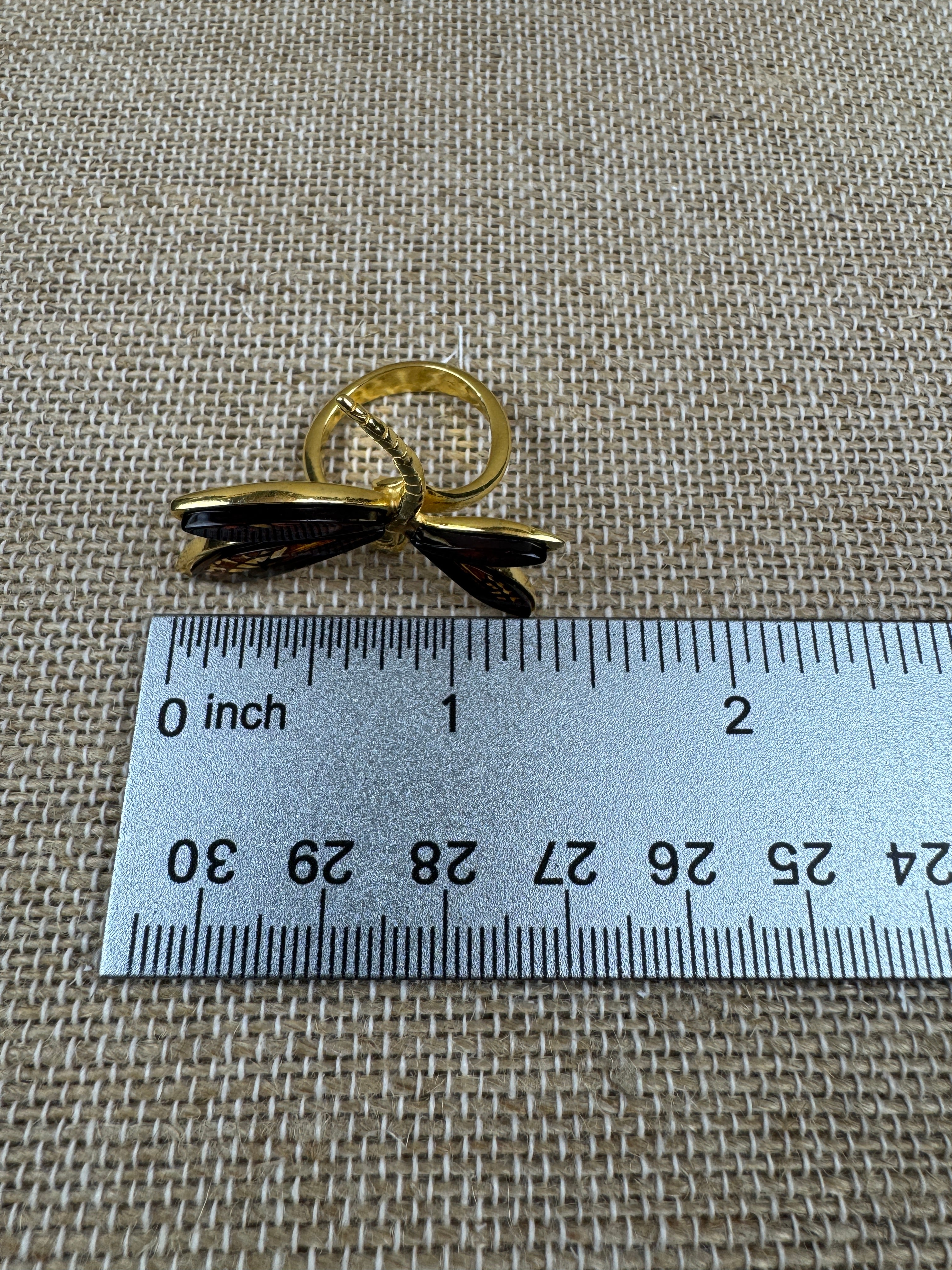 Gold-Plated Sterling Silver Dragonfly Ring – Hand-Etched Cognac Amber Wings, Adjustable