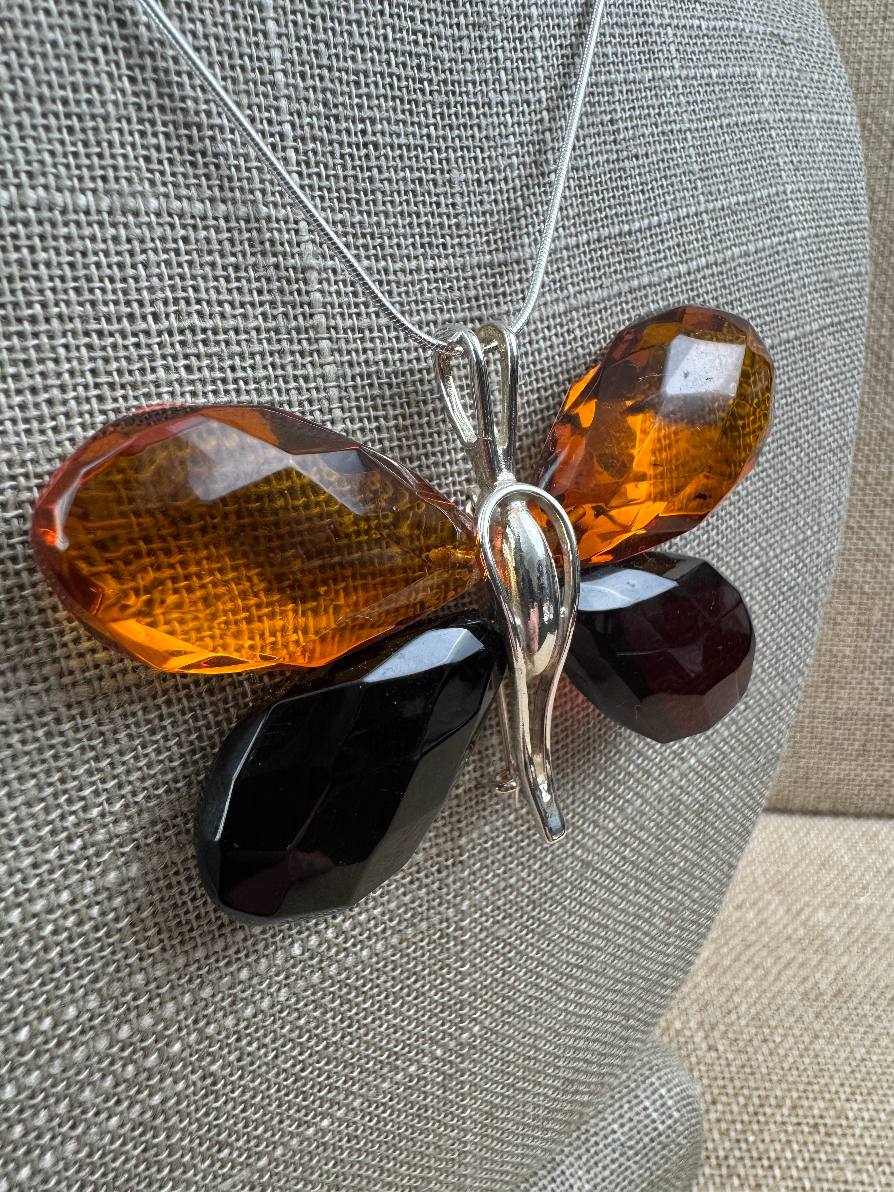 Handmade Sterling Silver & Baltic Amber Butterfly Pendant – Mixed Faceted Amber Wings