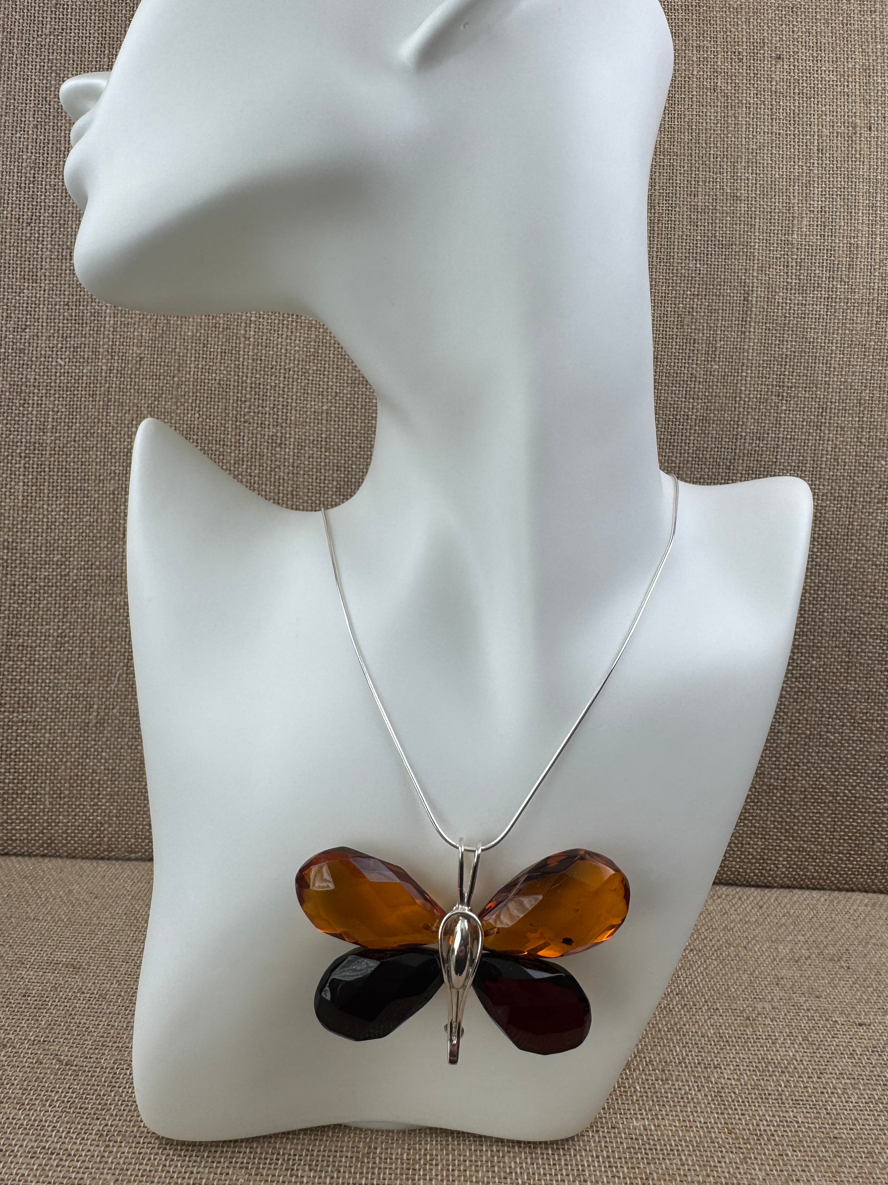 Handmade Sterling Silver & Baltic Amber Butterfly Pendant – Mixed Faceted Amber Wings