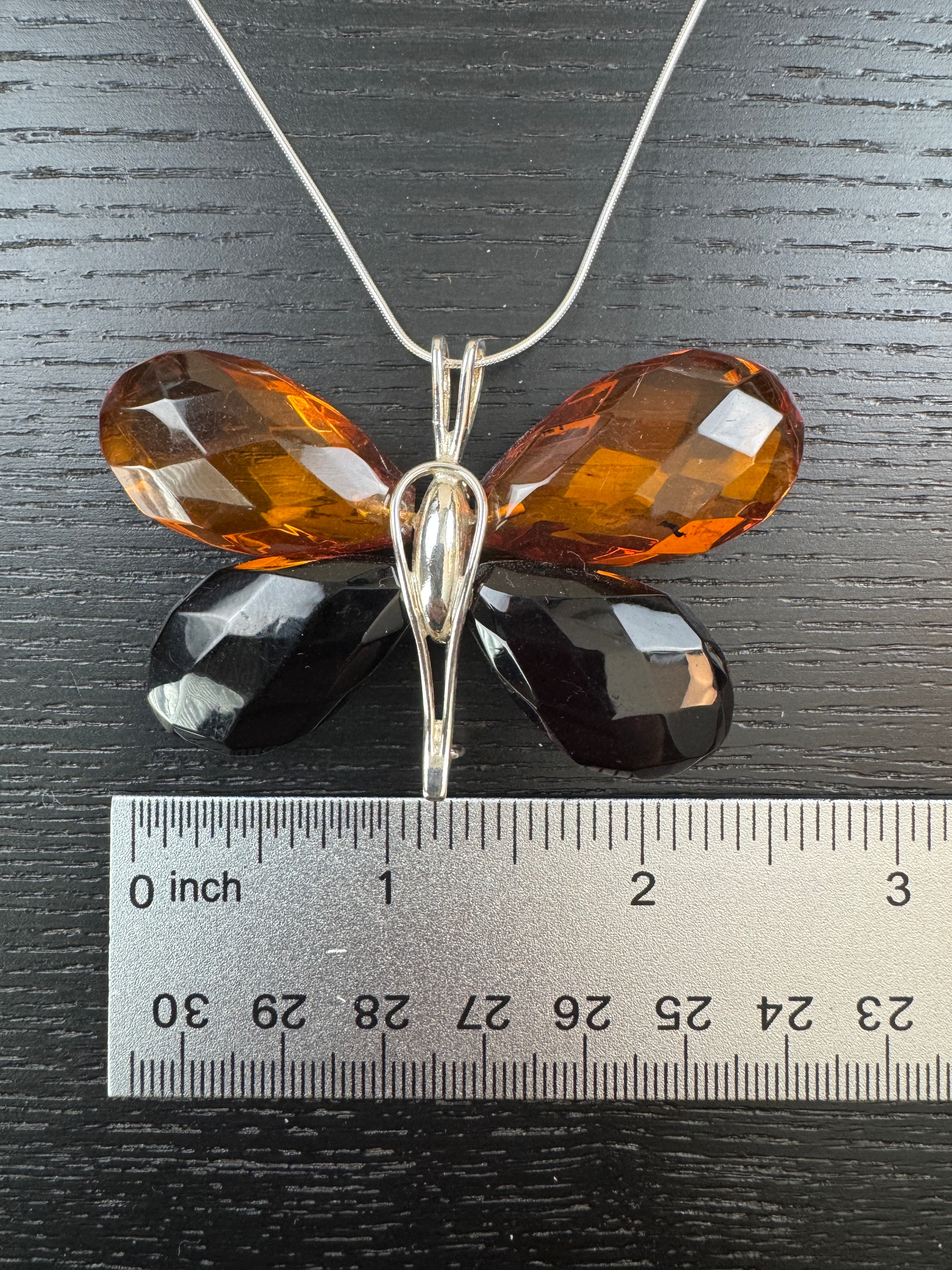 Handmade Sterling Silver & Baltic Amber Butterfly Pendant – Mixed Faceted Amber Wings