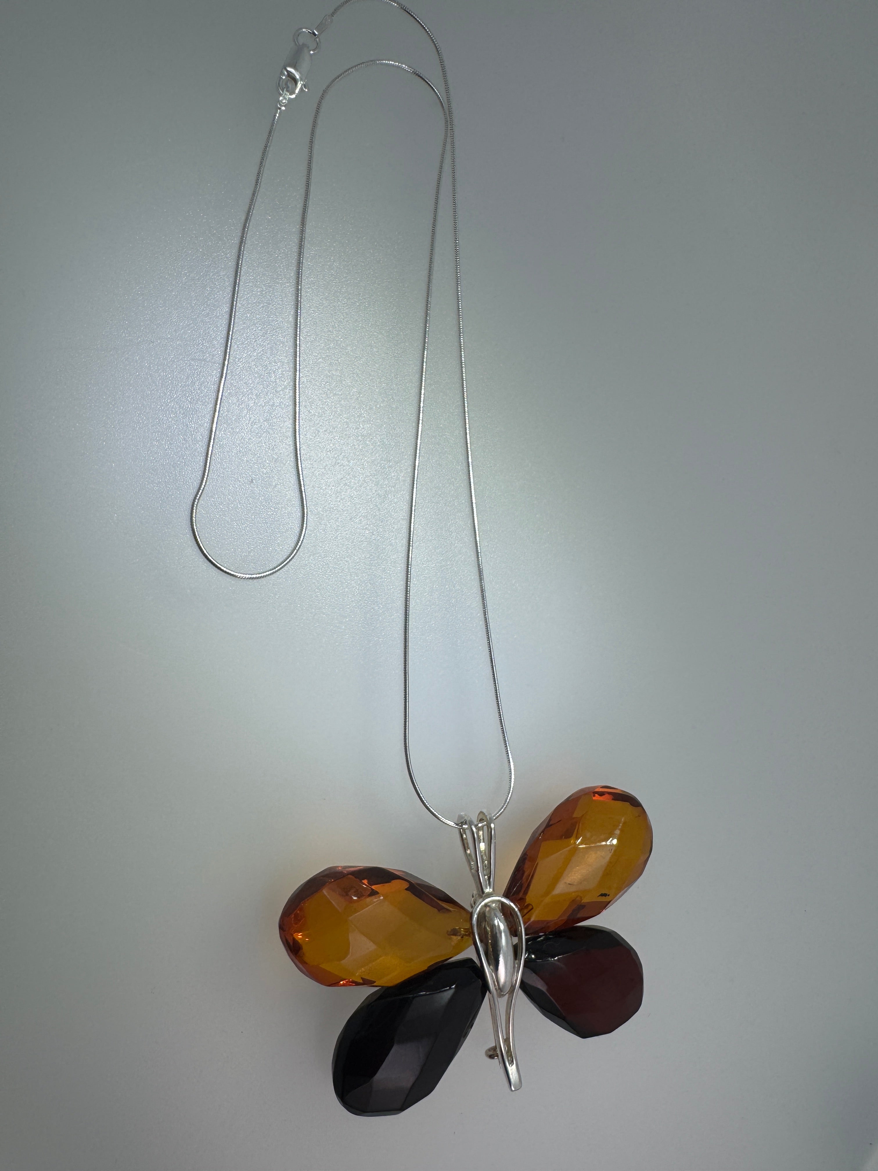 Handmade Sterling Silver & Baltic Amber Butterfly Pendant – Mixed Faceted Amber Wings