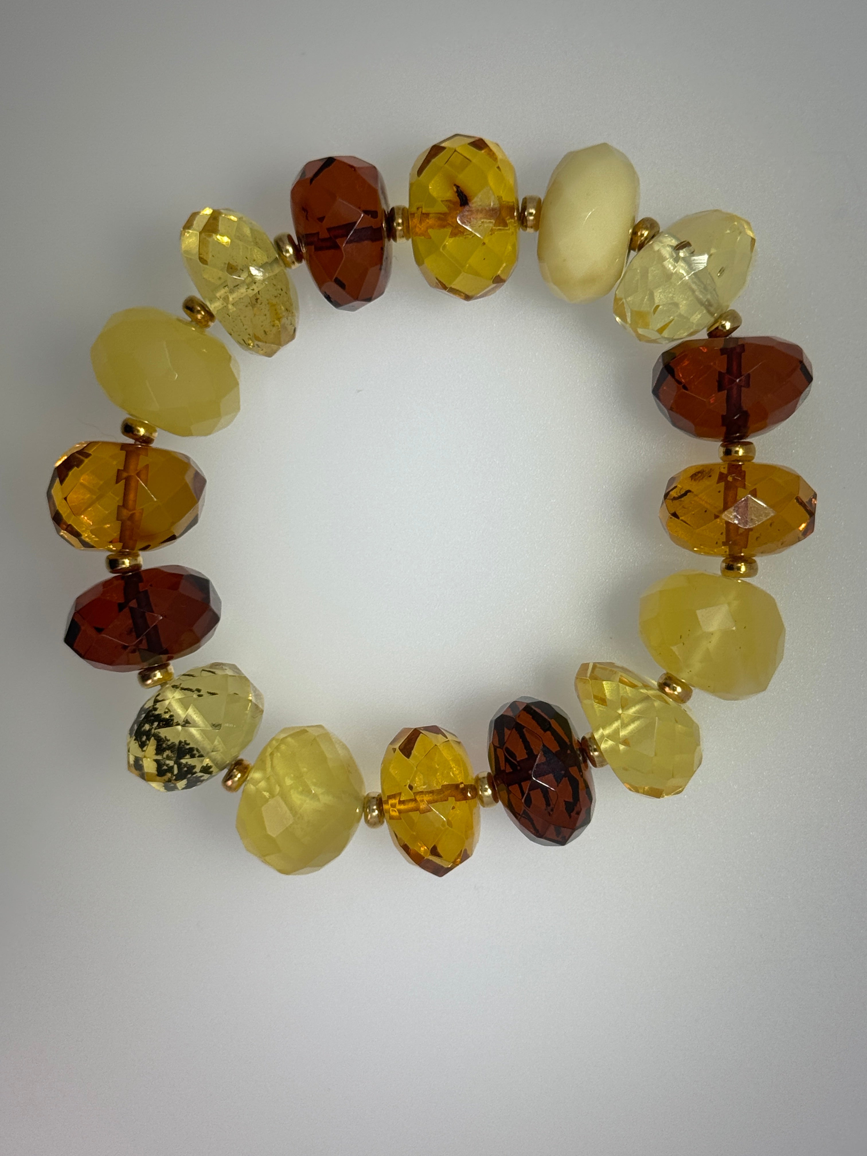 Museum Quality Faceted Baltic Amber Bracelet – Lemon, Cognac, Cherry Amber with Gold Sterling Beads