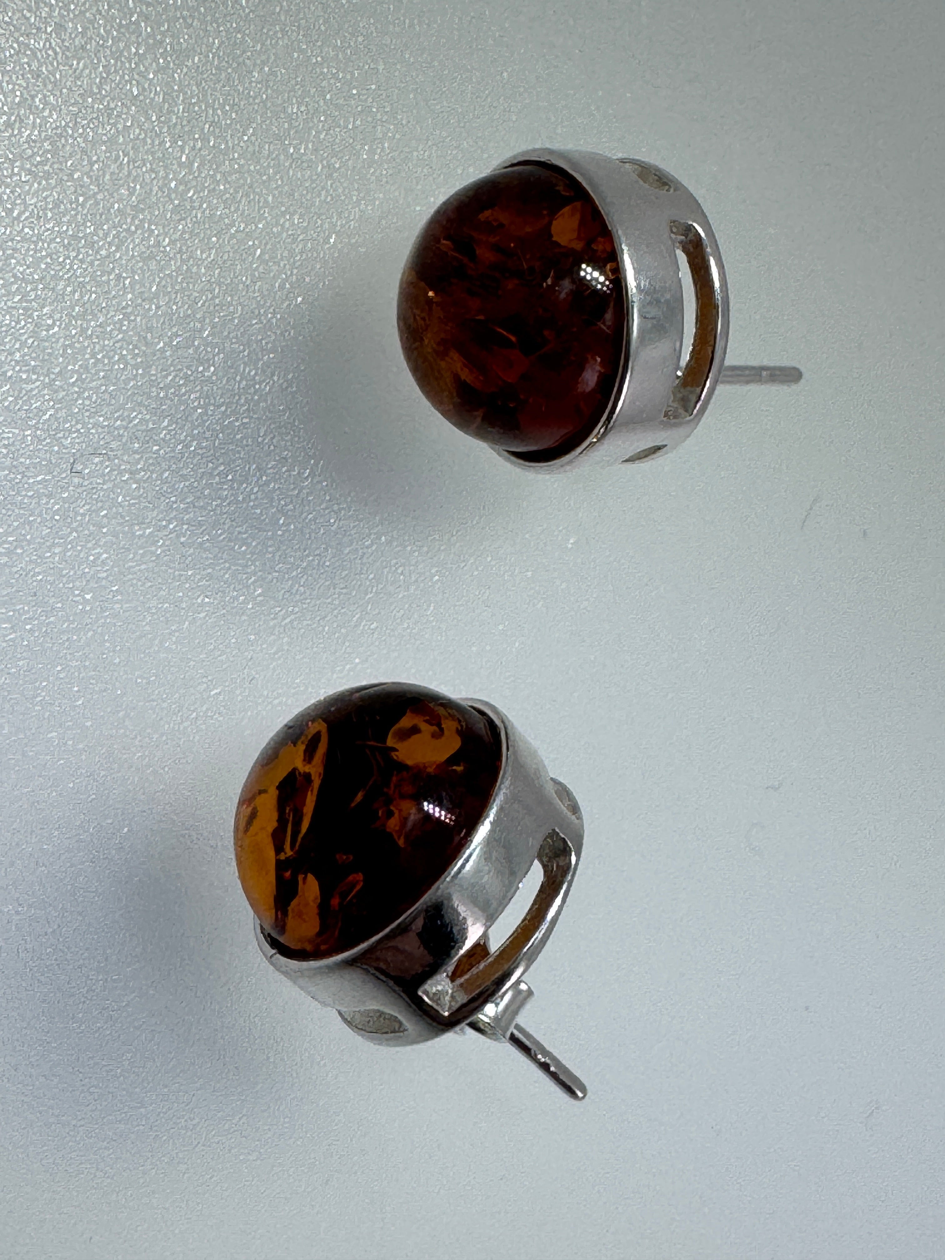 Classic Round Cognac Amber Stud Earrings – 10 mm Cabochon in Sterling Silver