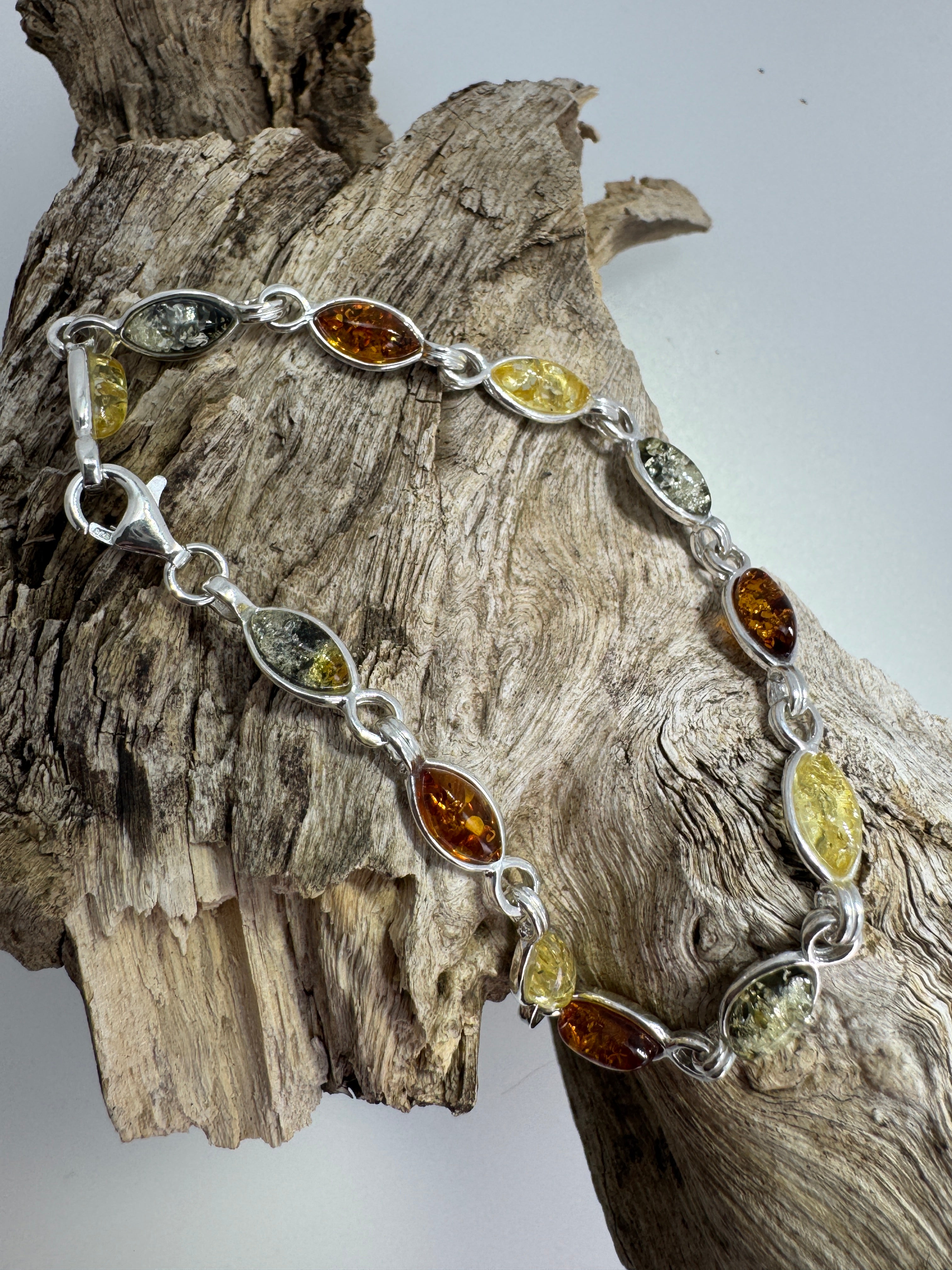 Genuine Baltic Amber Dainty Bracelet – Lemon, Green, Cognac Amber in Sterling Silver - 7.25” Sterling Silver Chain