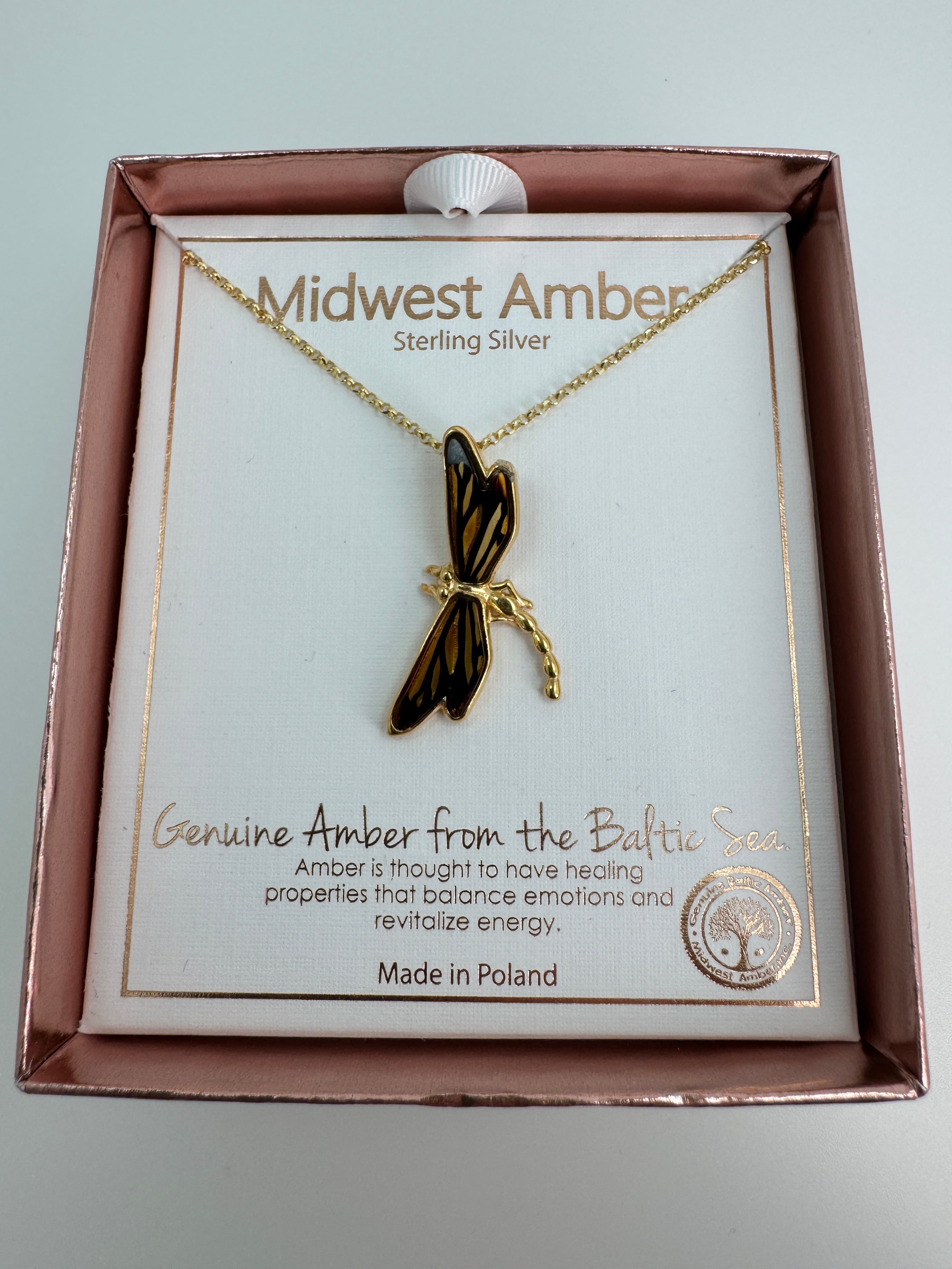 Golden Wings – Baltic Amber Dragonfly Pendant on Gold Platted Silver Chain