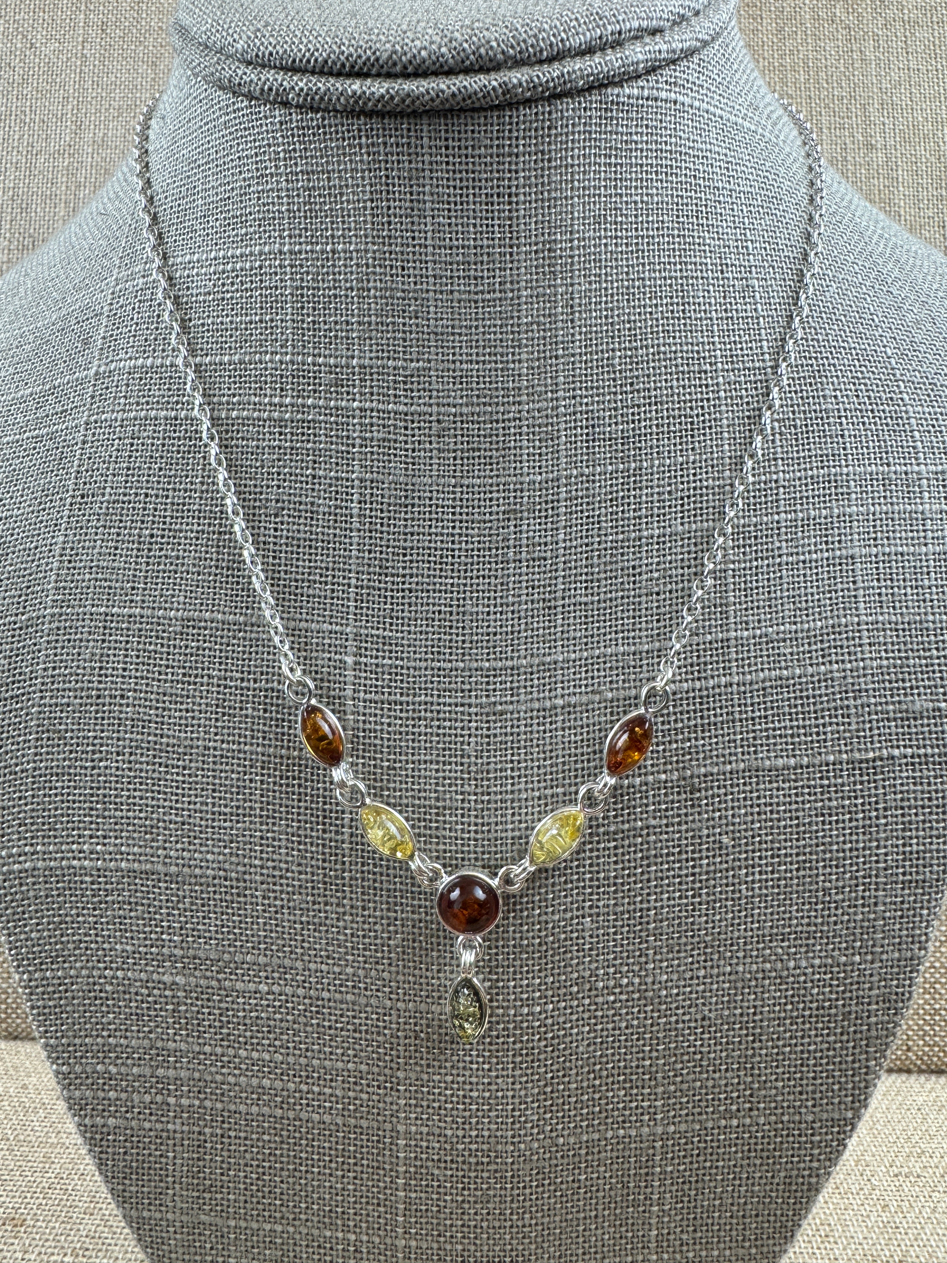 Minimalist Multicolor Baltic Amber Pendant Necklace in Sterling Silver - Green, Honey, and Lemon Amber Necklace on Box Chain – 18 Inch