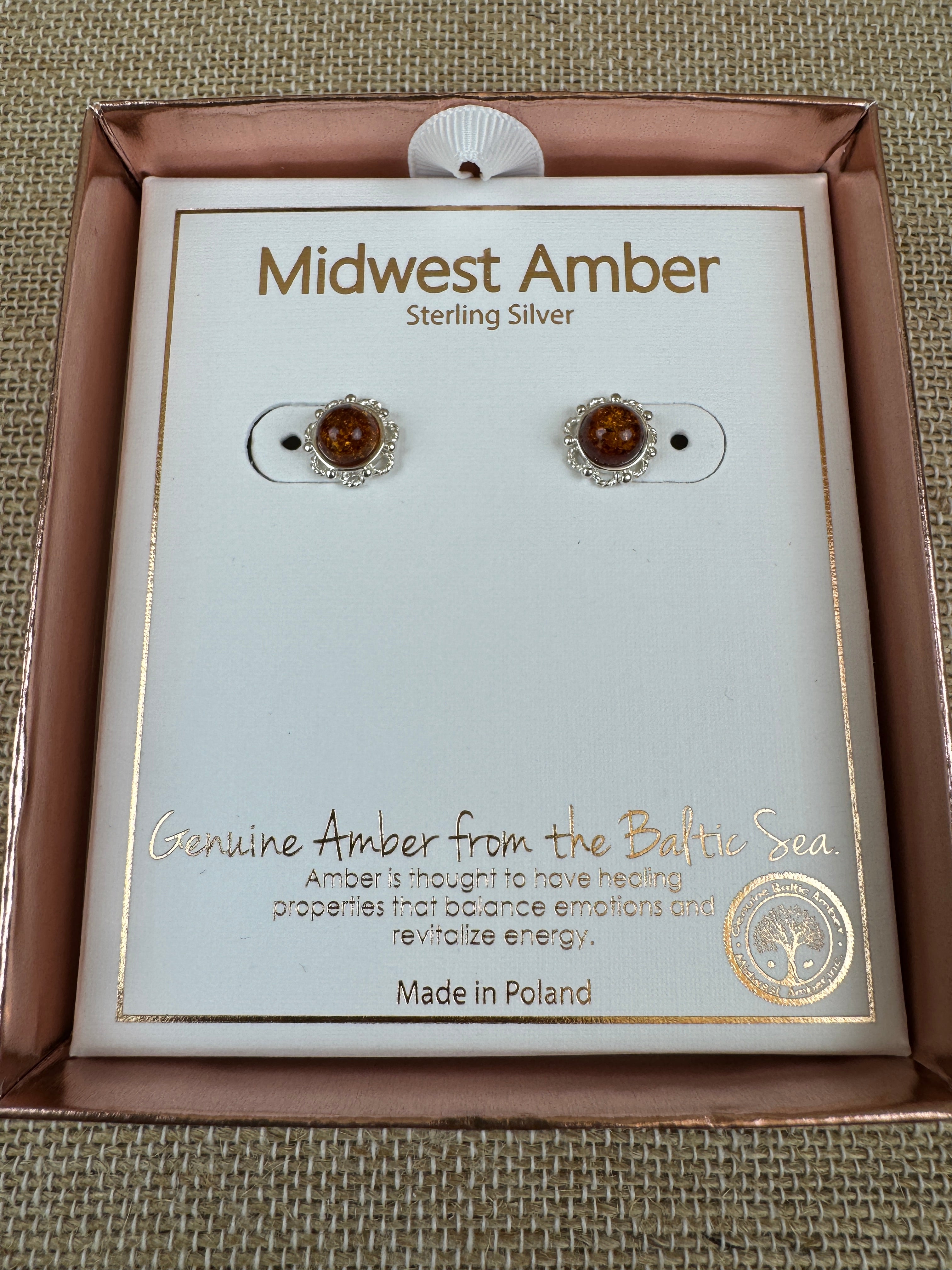 Simple Cognac Amber Post Earrings – Handmade Sterling Silver Floral Design