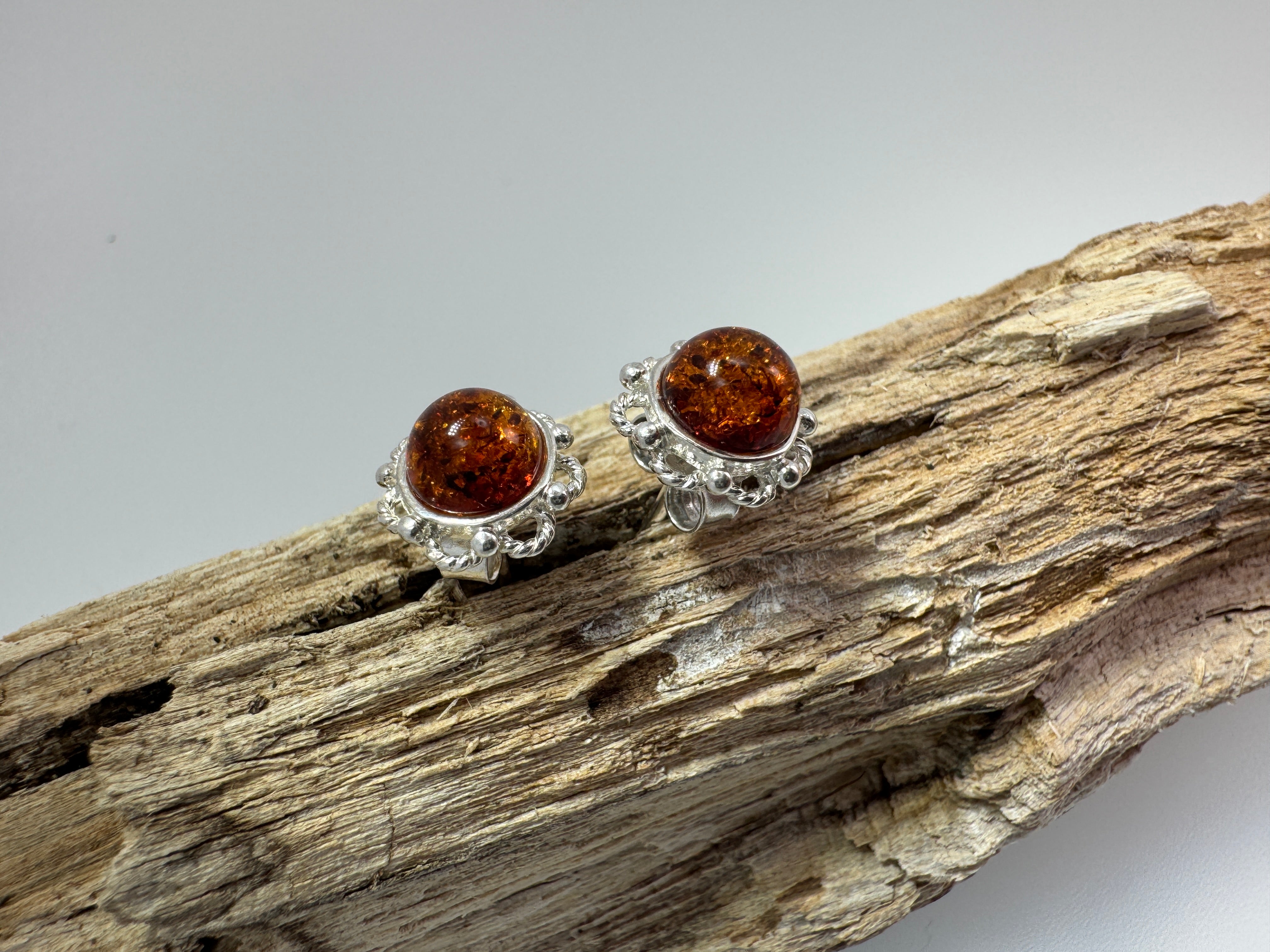 Simple Cognac Amber Post Earrings – Handmade Sterling Silver Floral Design