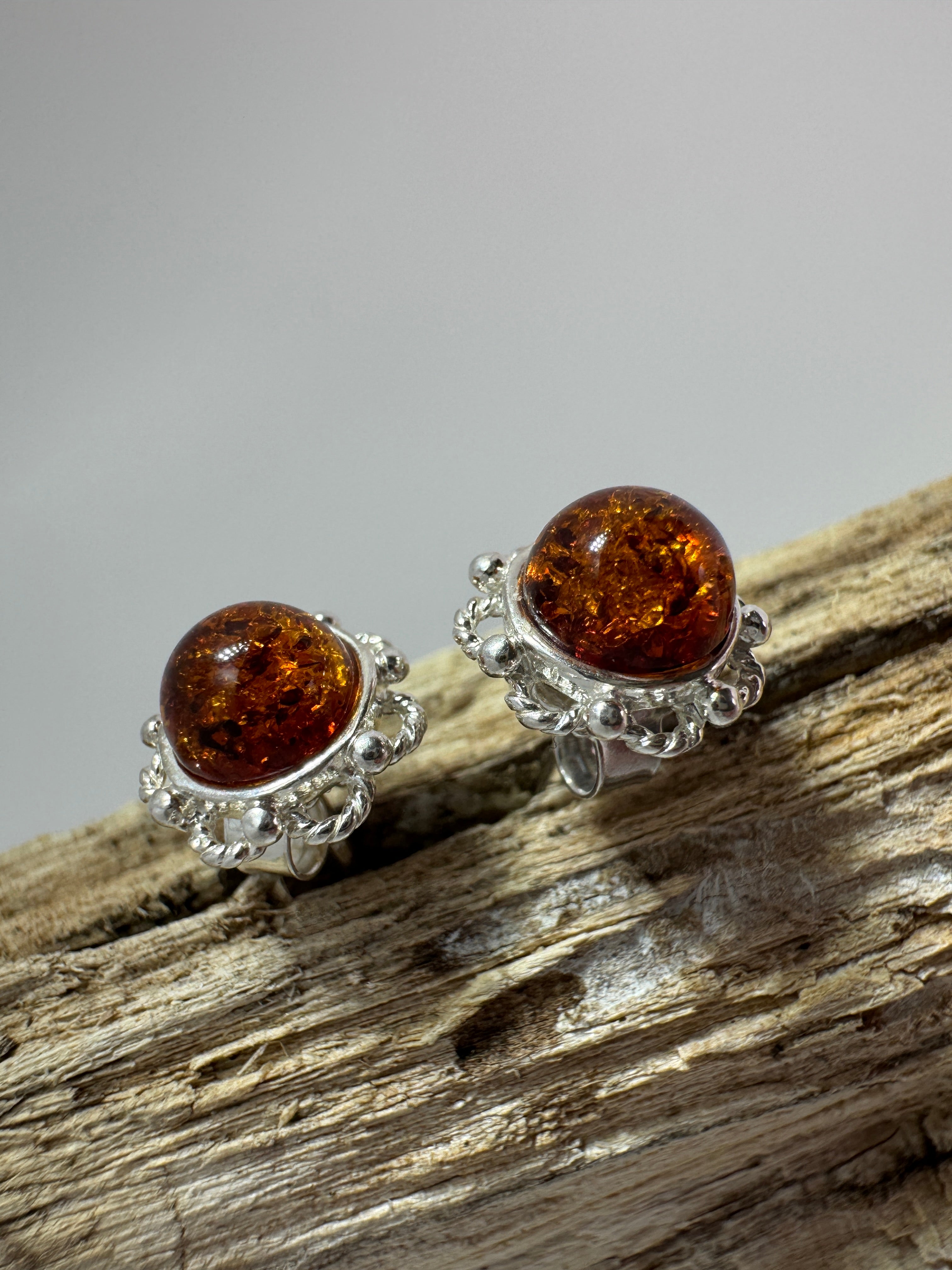 Simple Cognac Amber Post Earrings – Handmade Sterling Silver Floral Design