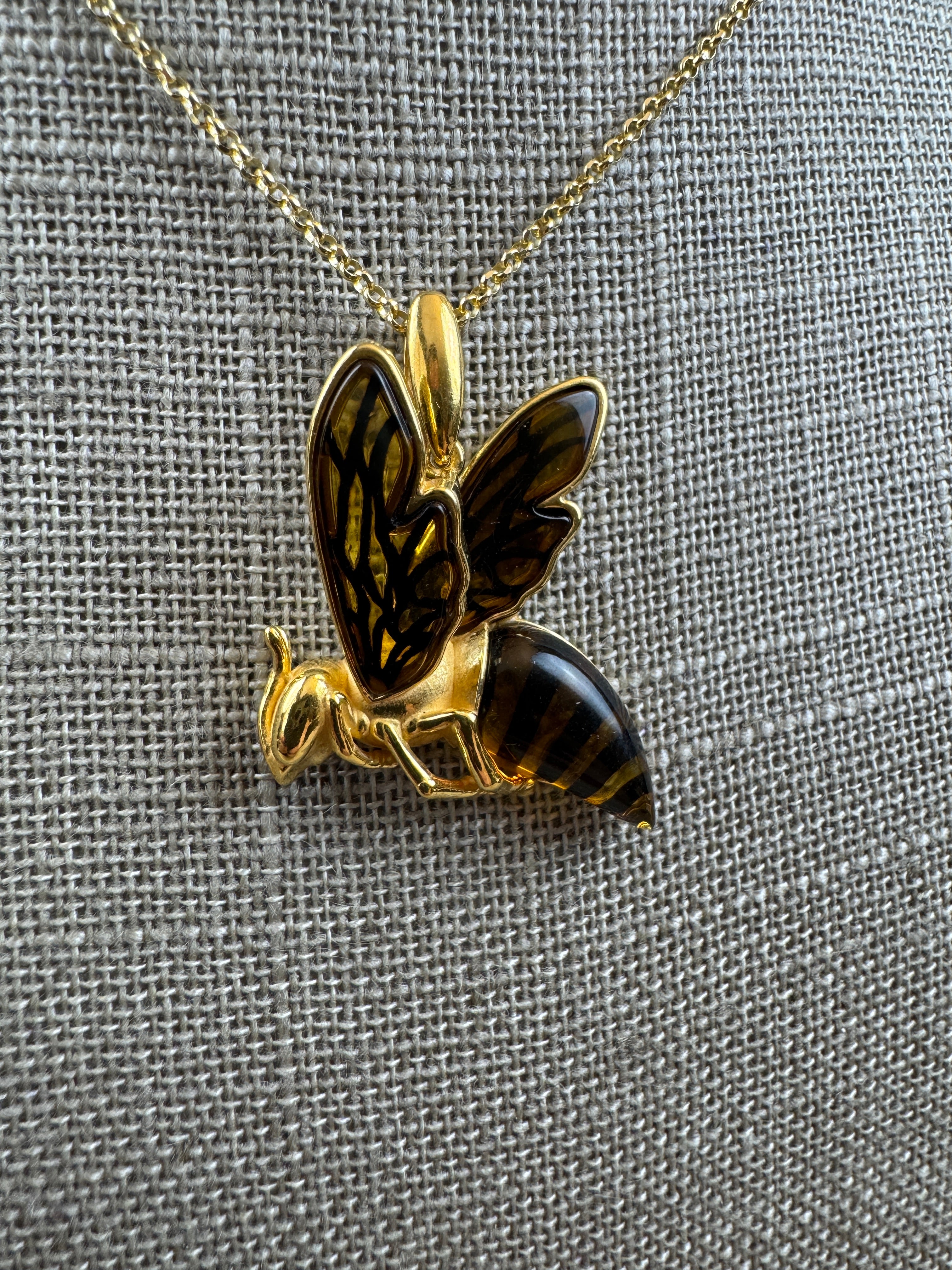 Buzzing with Beauty: Gold Platted Sterling Silver Baltic Amber Bumblebee Pendant on Gold Platted Silver Chain