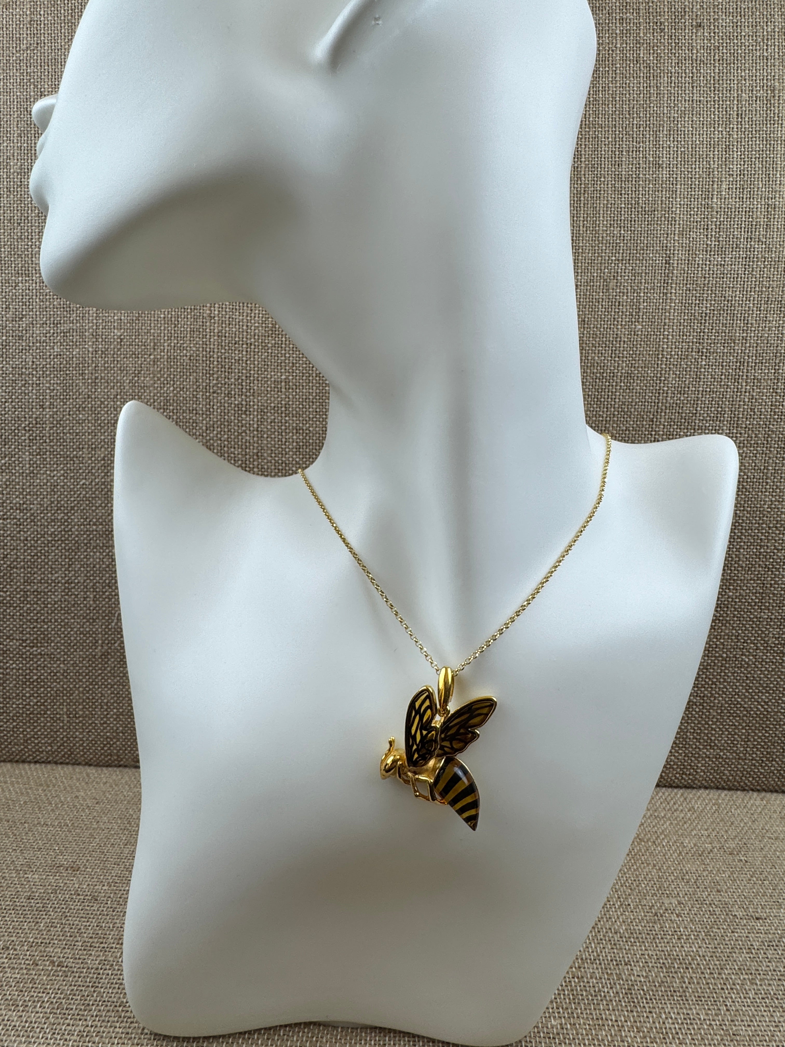 Buzzing with Beauty: Gold Platted Sterling Silver Baltic Amber Bumblebee Pendant on Gold Platted Silver Chain