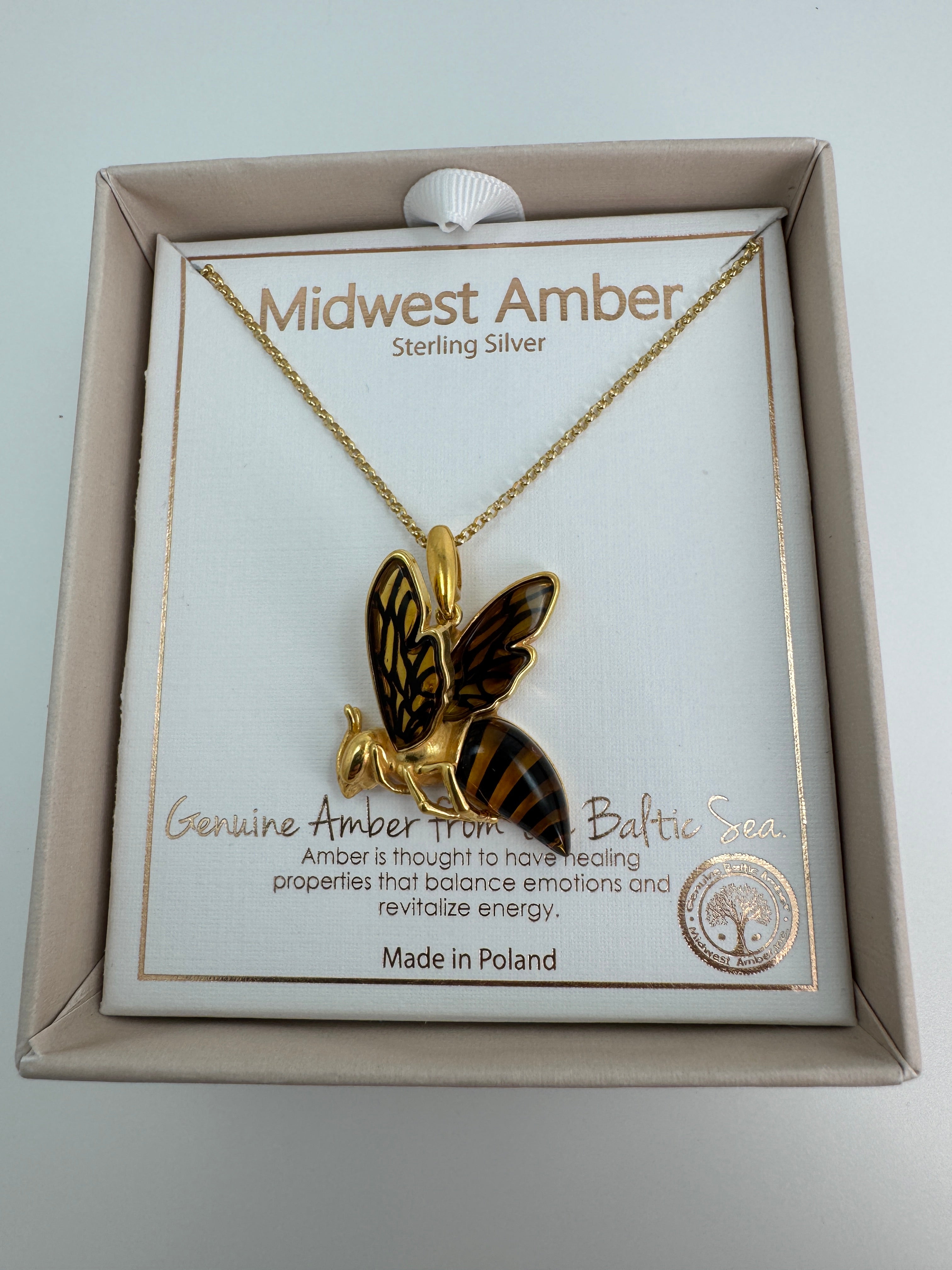 Buzzing with Beauty: Gold Platted Sterling Silver Baltic Amber Bumblebee Pendant on Gold Platted Silver Chain