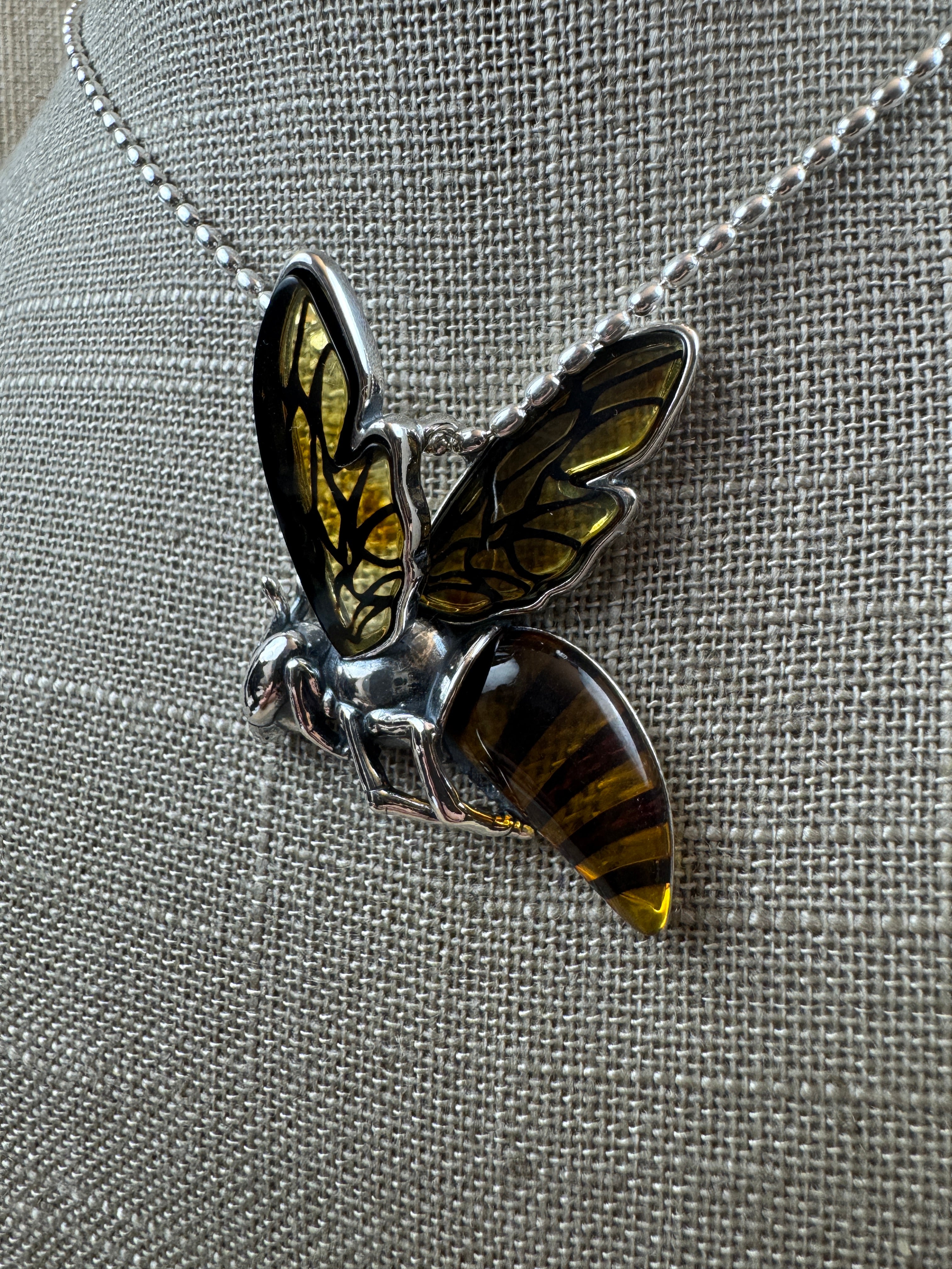 Large Baltic Amber Bumblebee Pendant – Handmade Sterling Silver