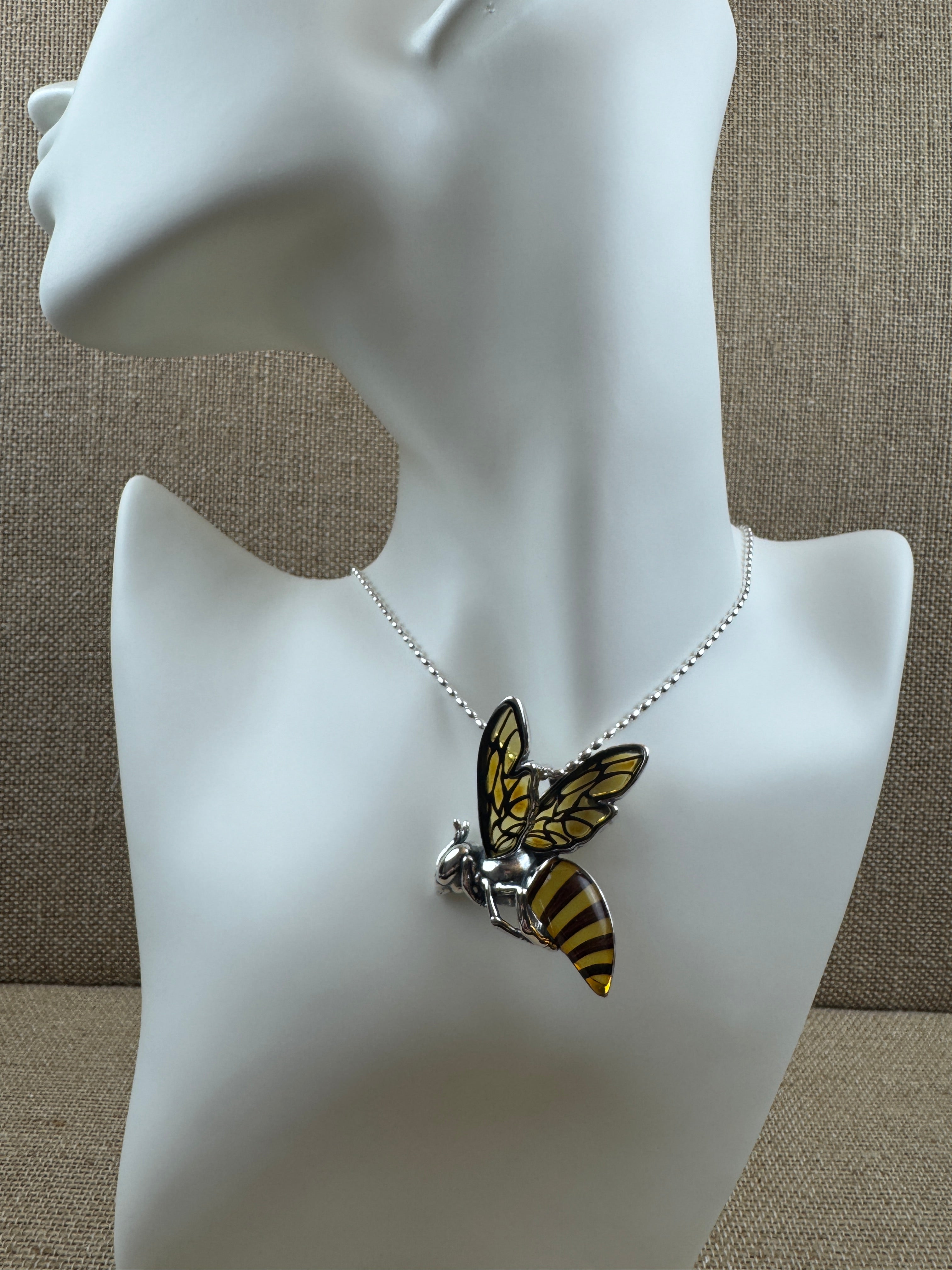 Large Baltic Amber Bumblebee Pendant – Handmade Sterling Silver