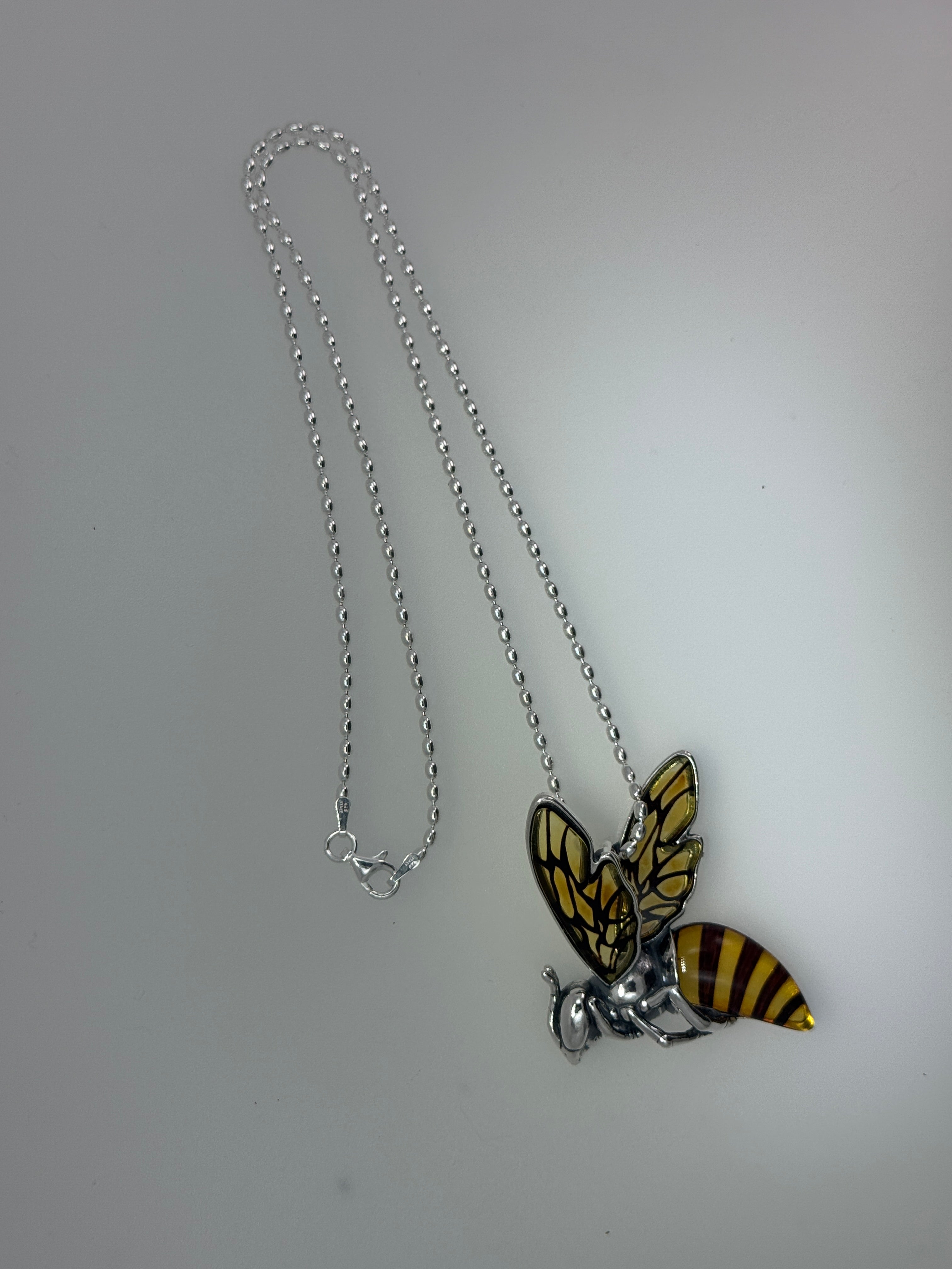 Large Baltic Amber Bumblebee Pendant – Handmade Sterling Silver