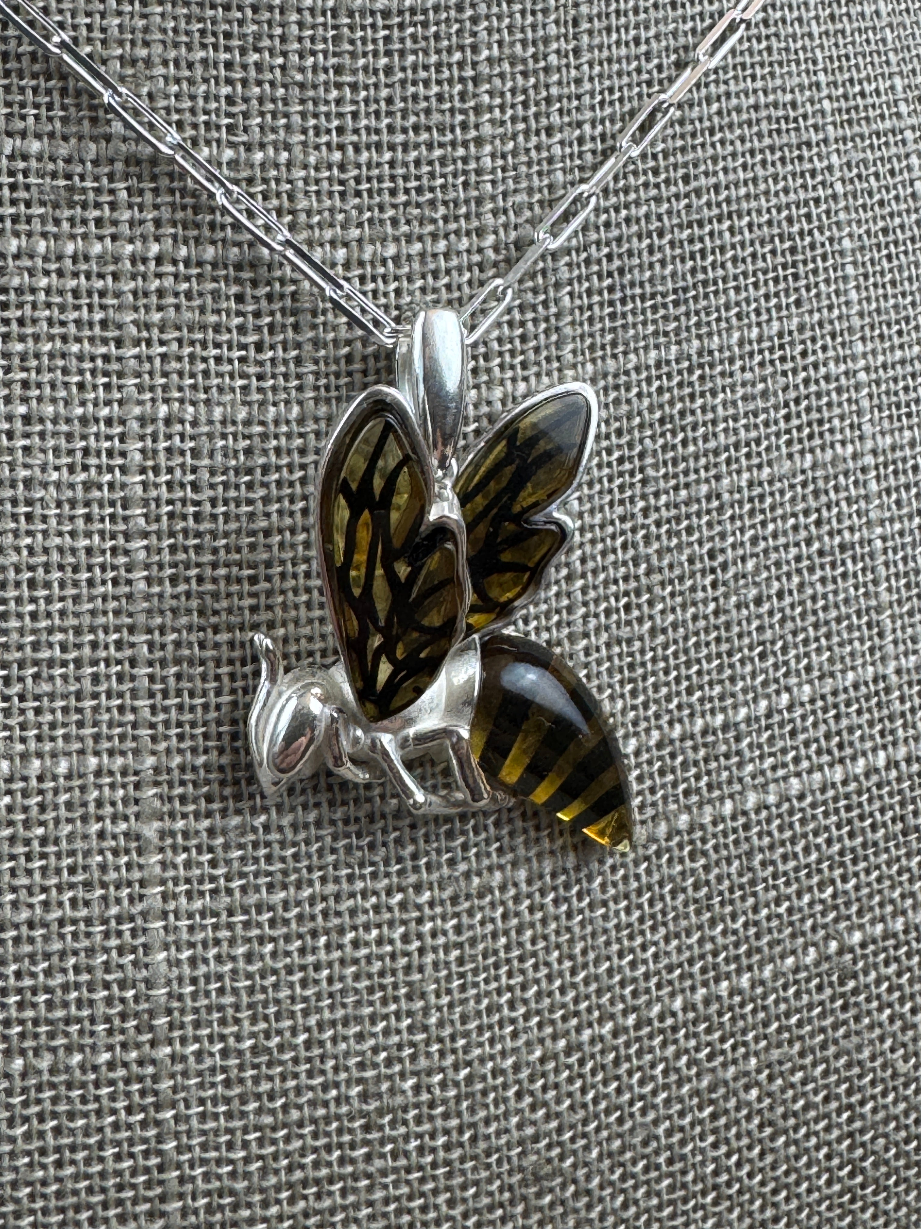 Small Baltic Amber Bumblebee Pendant – Handmade Sterling Silver