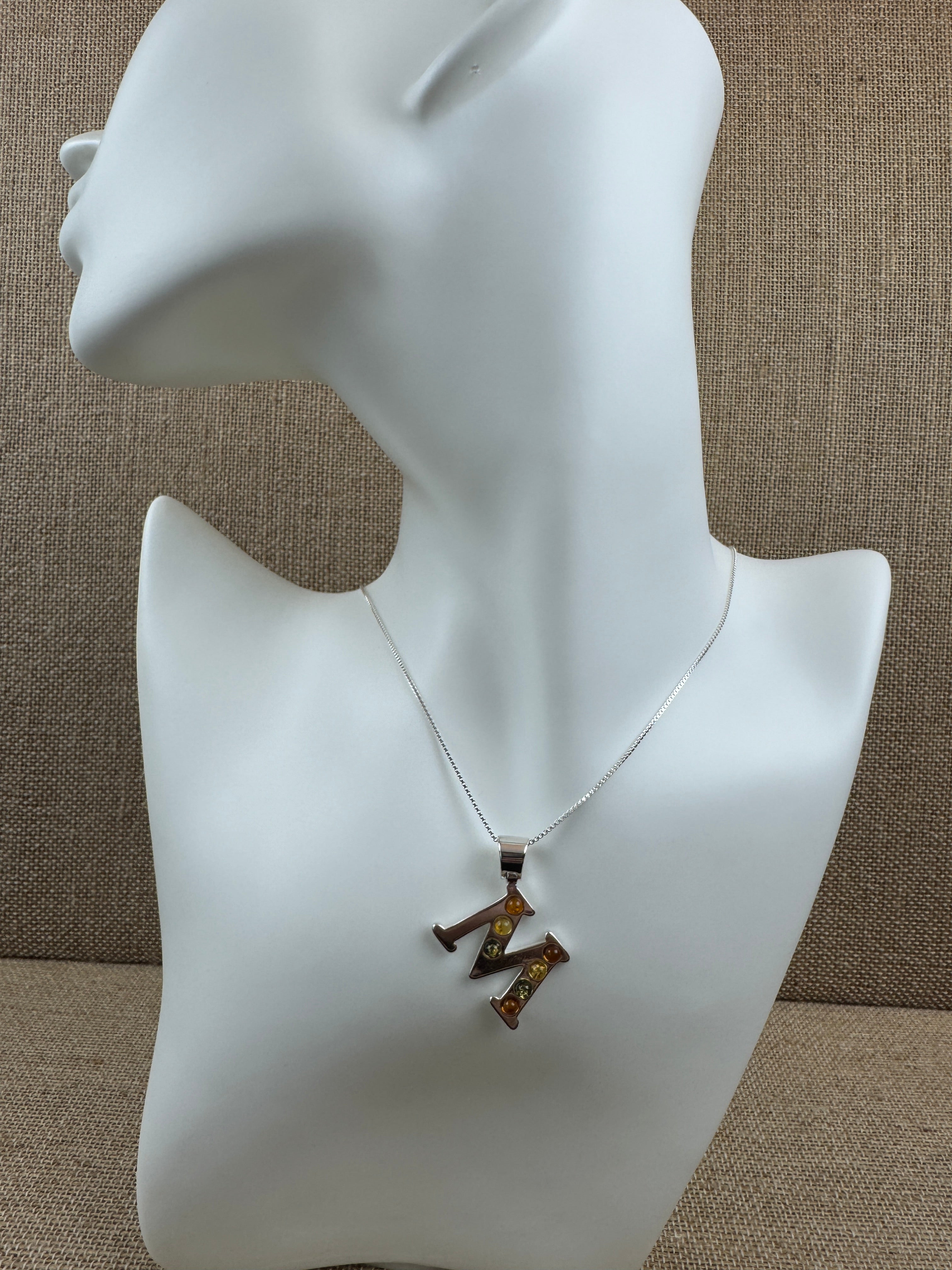 Sterling Silver Initial Pendant | Baltic Amber Necklace