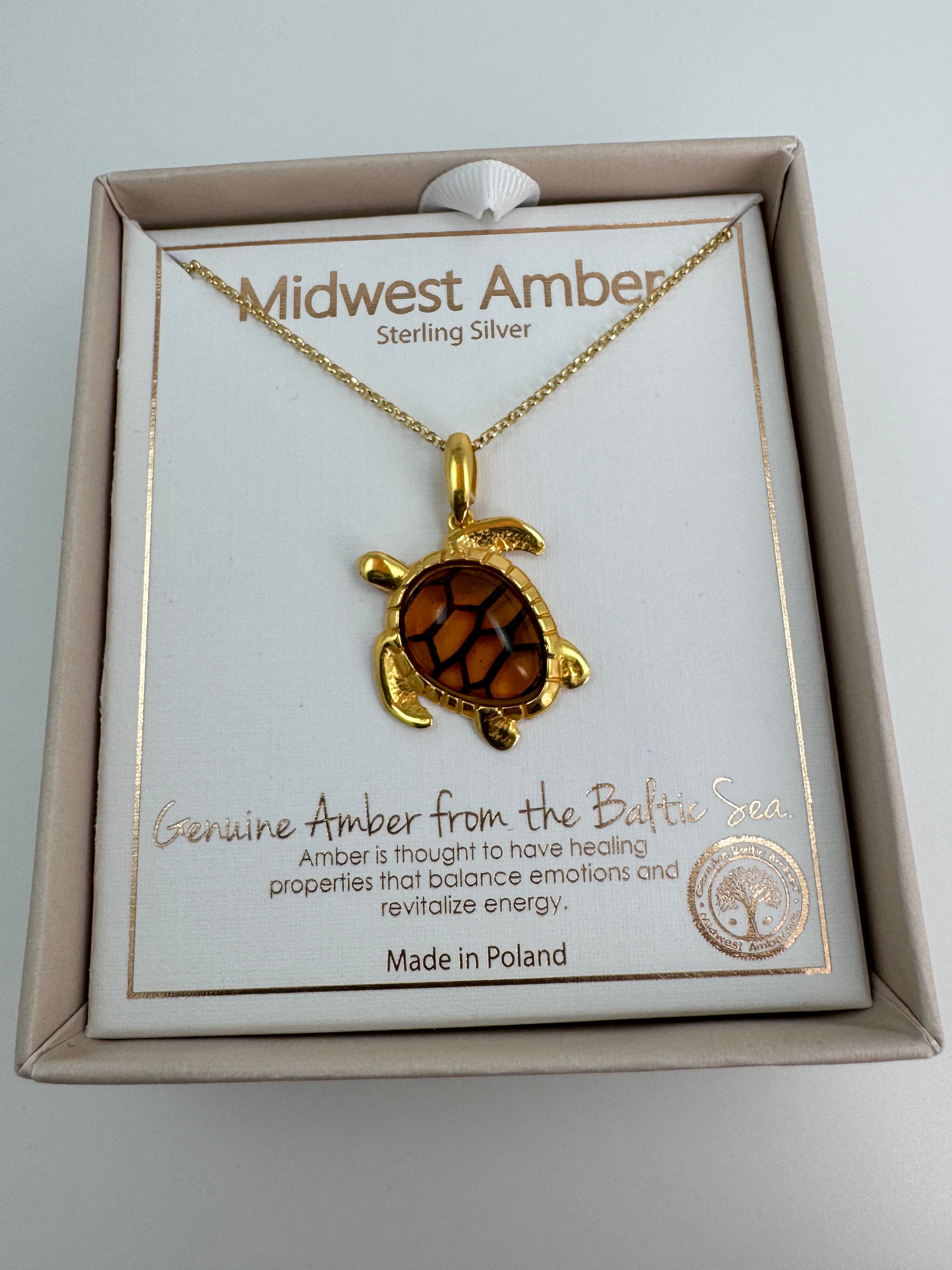 Baltic Amber Sea Turtle Pendant – Shipped on Gold Plated Sterling Silver
