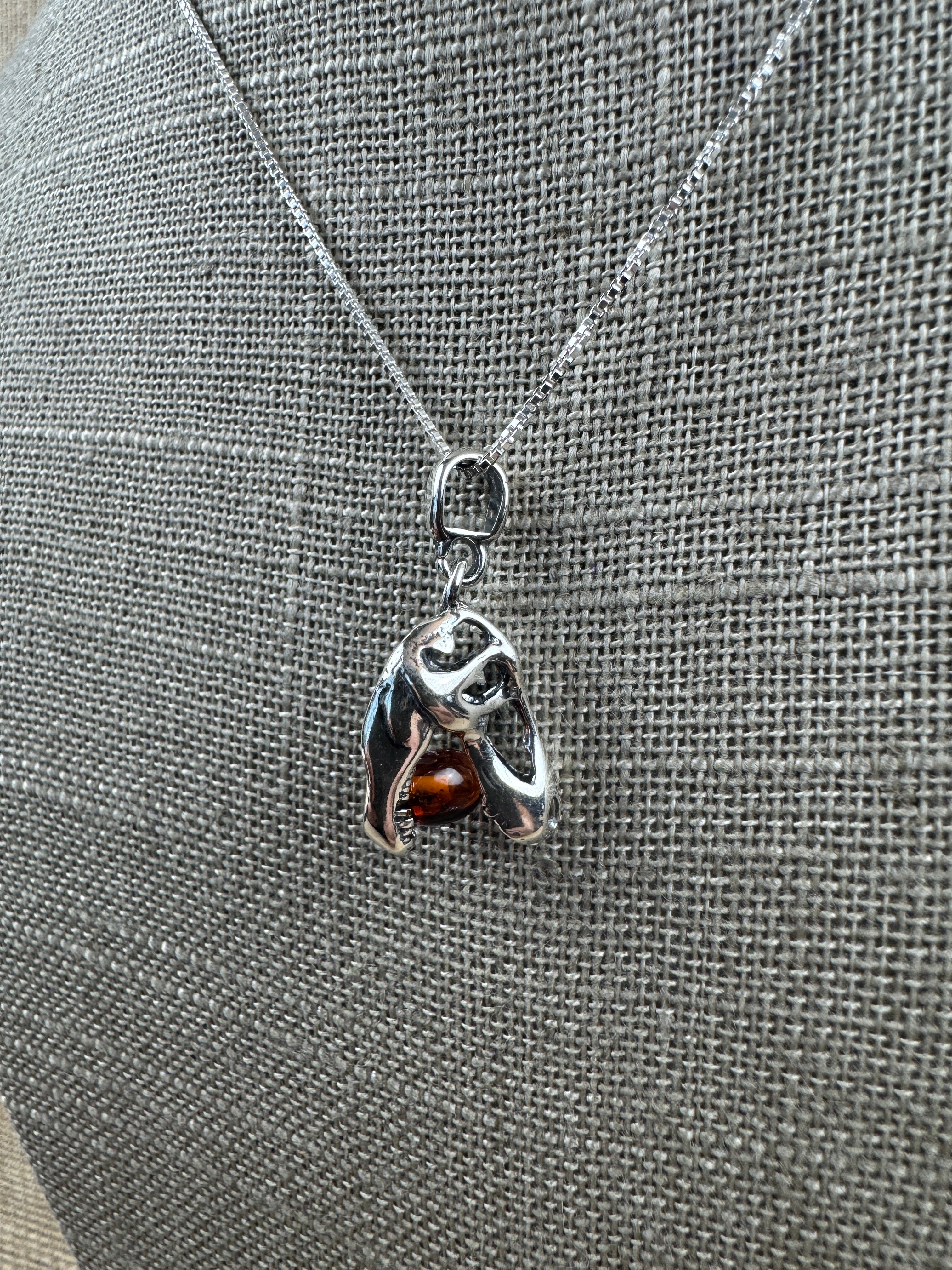 Small Sterling Silver Tyrannosaurus Rex Pendant with Baltic Amber – Kid-Friendly Dino Power - Dinosaur Jewelry